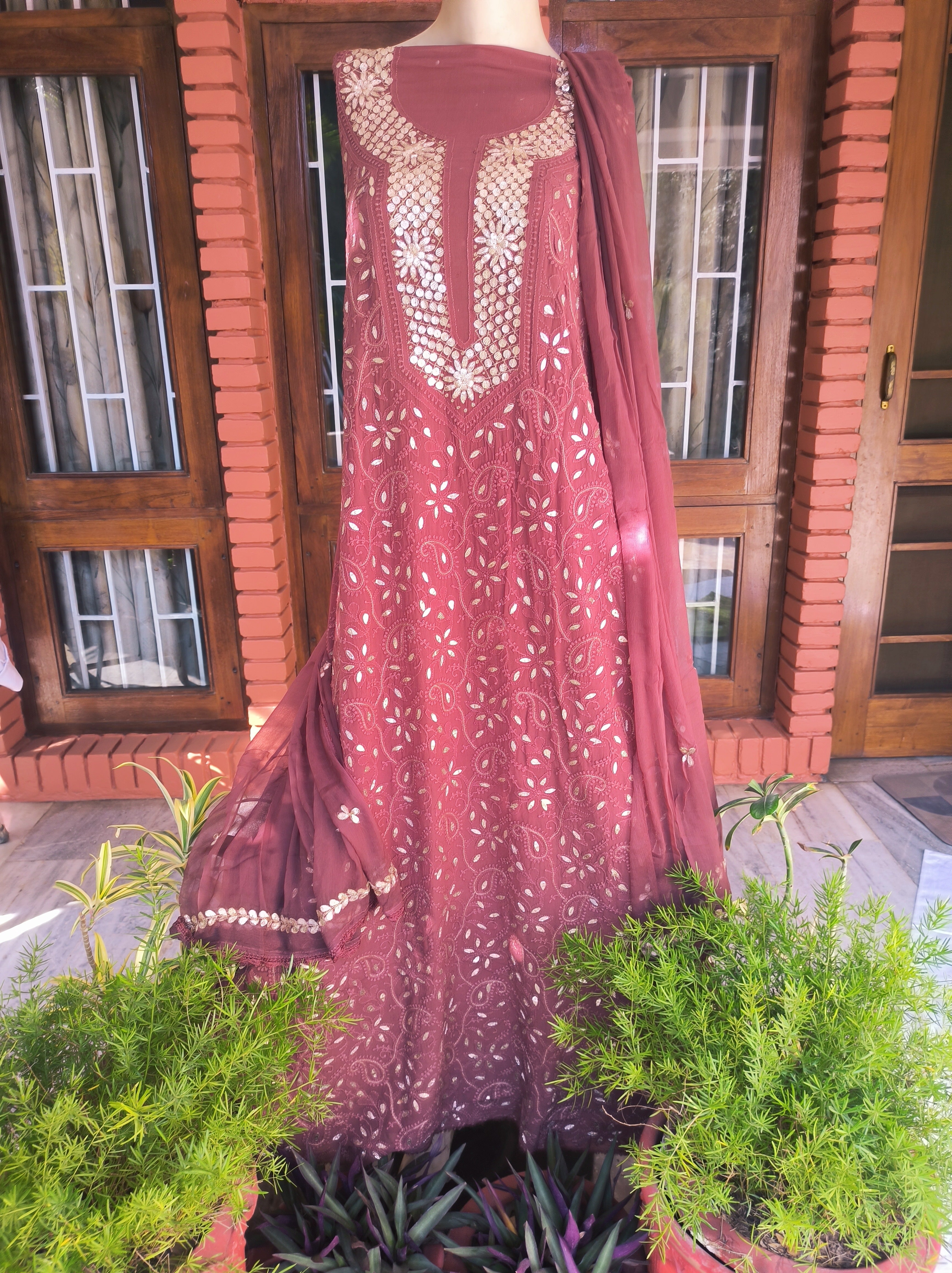 Mauve pink Lucknowi Chikankari Gota Patti Salwar Suit(Dress Material)