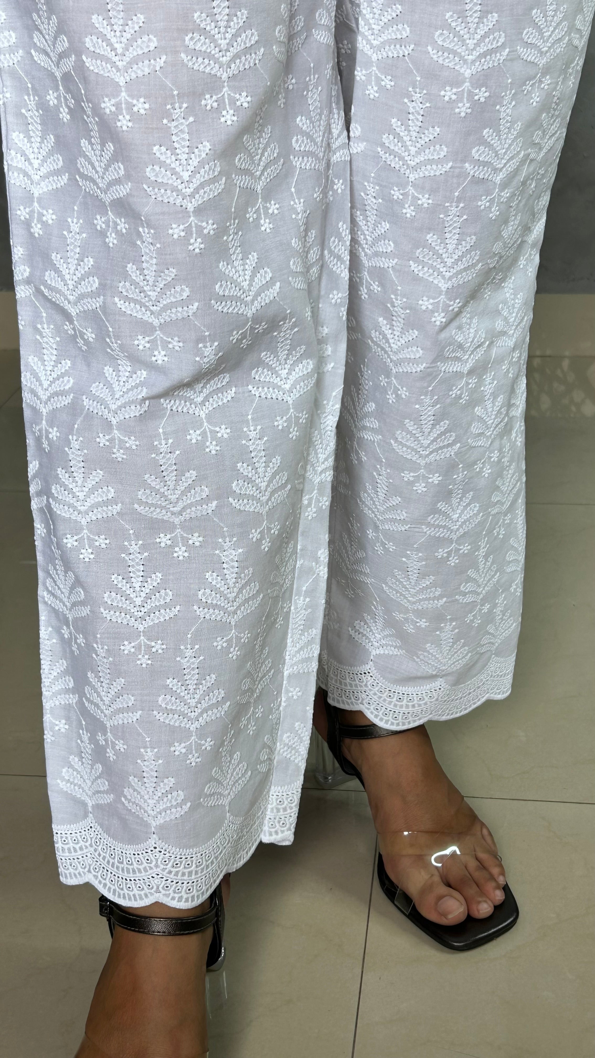 White Full Chikankari Embroidery Work Straight Pant In Cotton