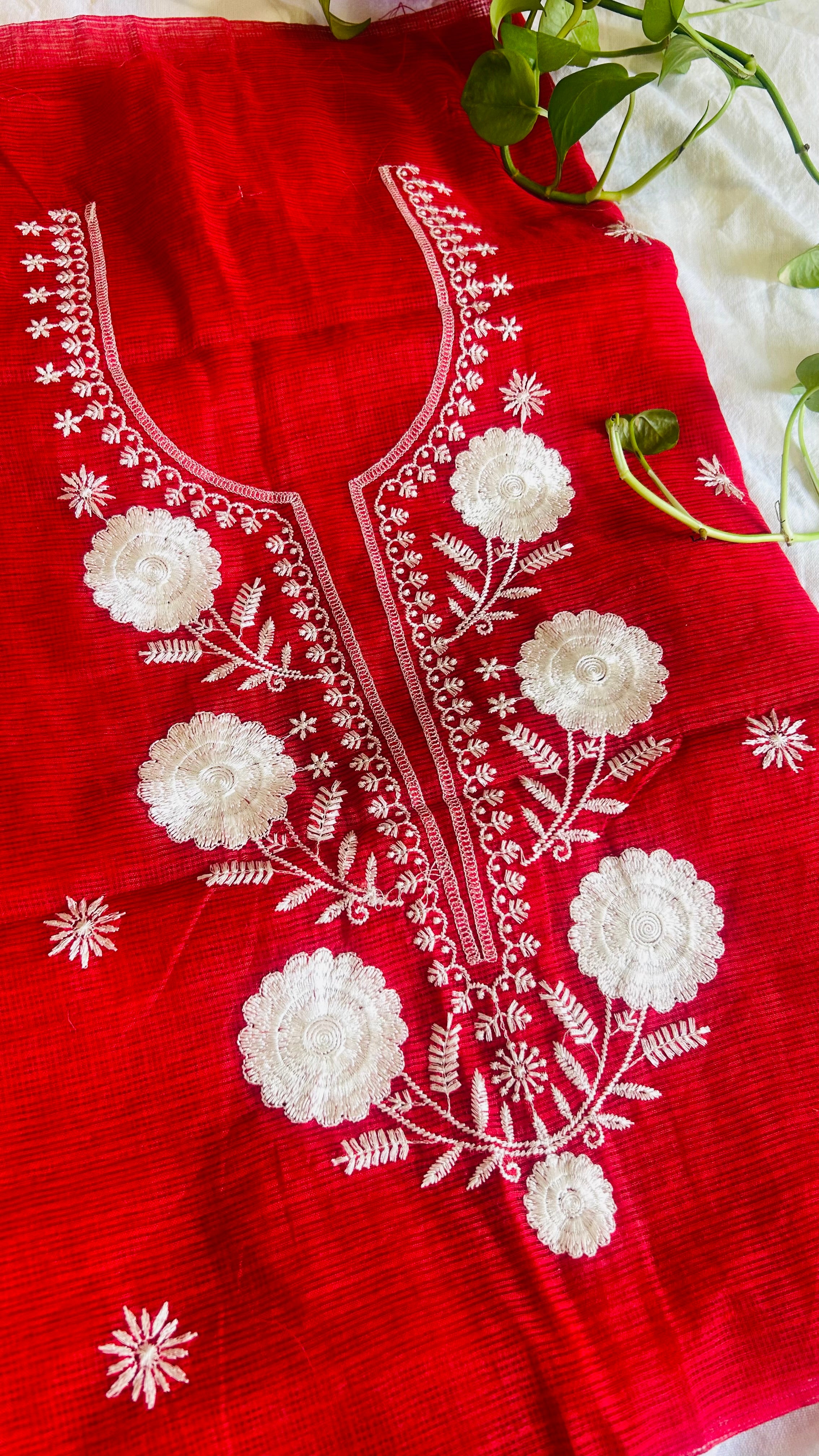 Kota Doria Embroidered Suit Set In Red (unstitched)