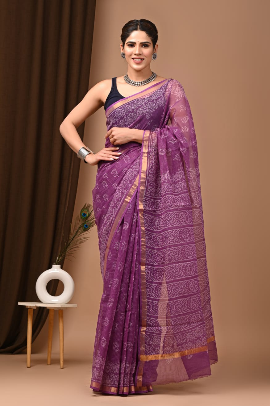 Charming Purple Traditional Kota Doria Print Saree