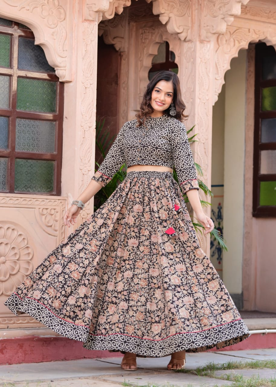 Black Block Print Flora lehenga choli Set