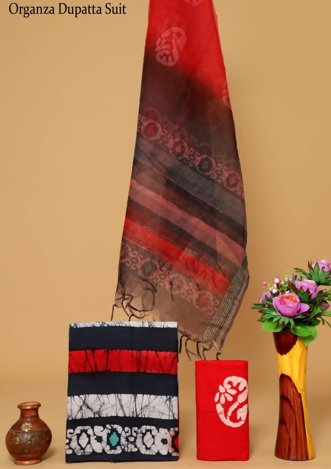 Red and Black Organza Dupatta block print cotton suits set