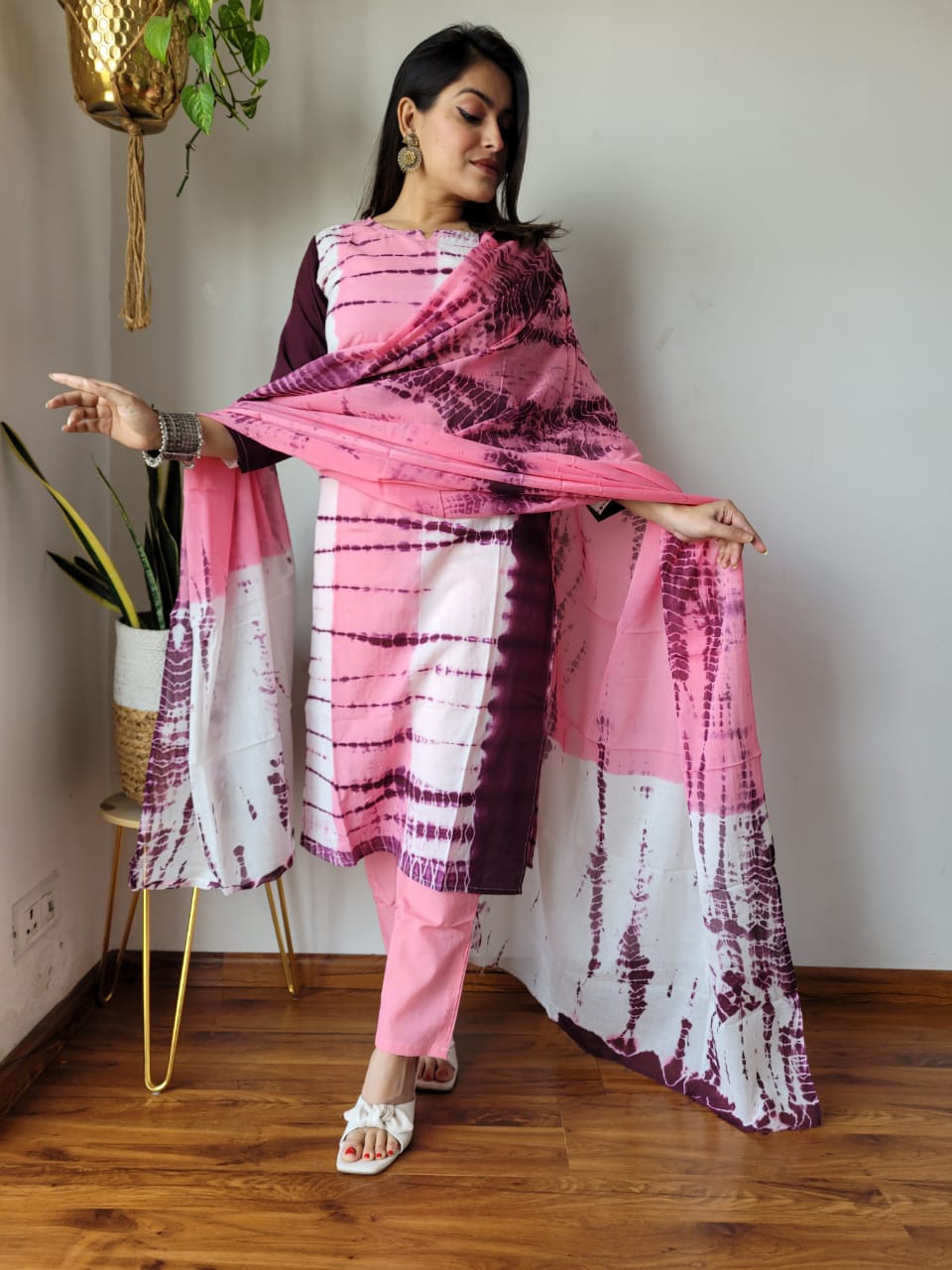 Pink Block Print Suit Set With Dupatta