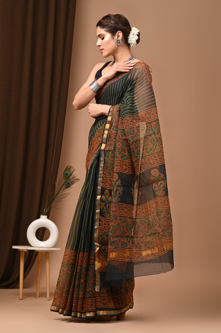 Trending Mehendi Green Kota Doria Traditional Print Saree