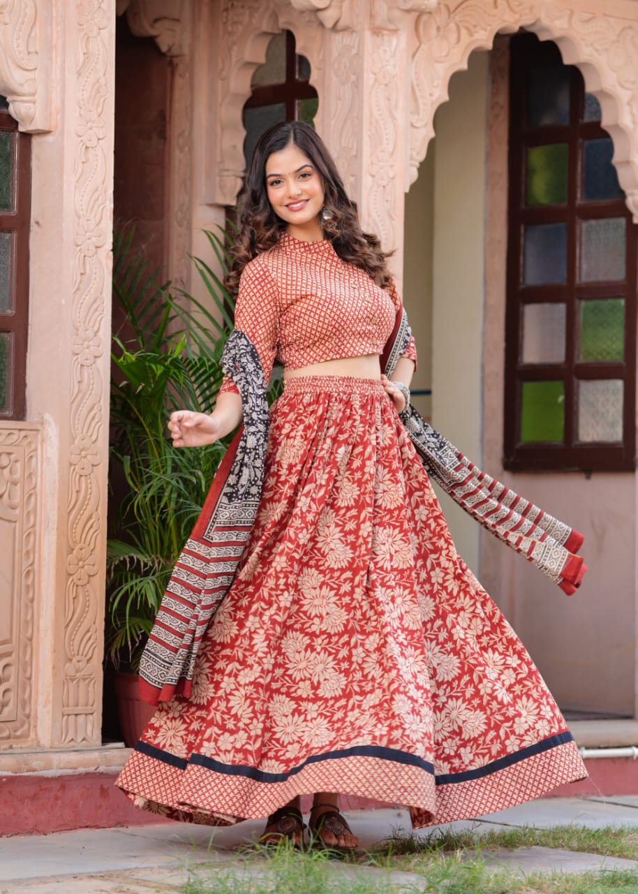 Red Block Print Flora lehenga choli Set