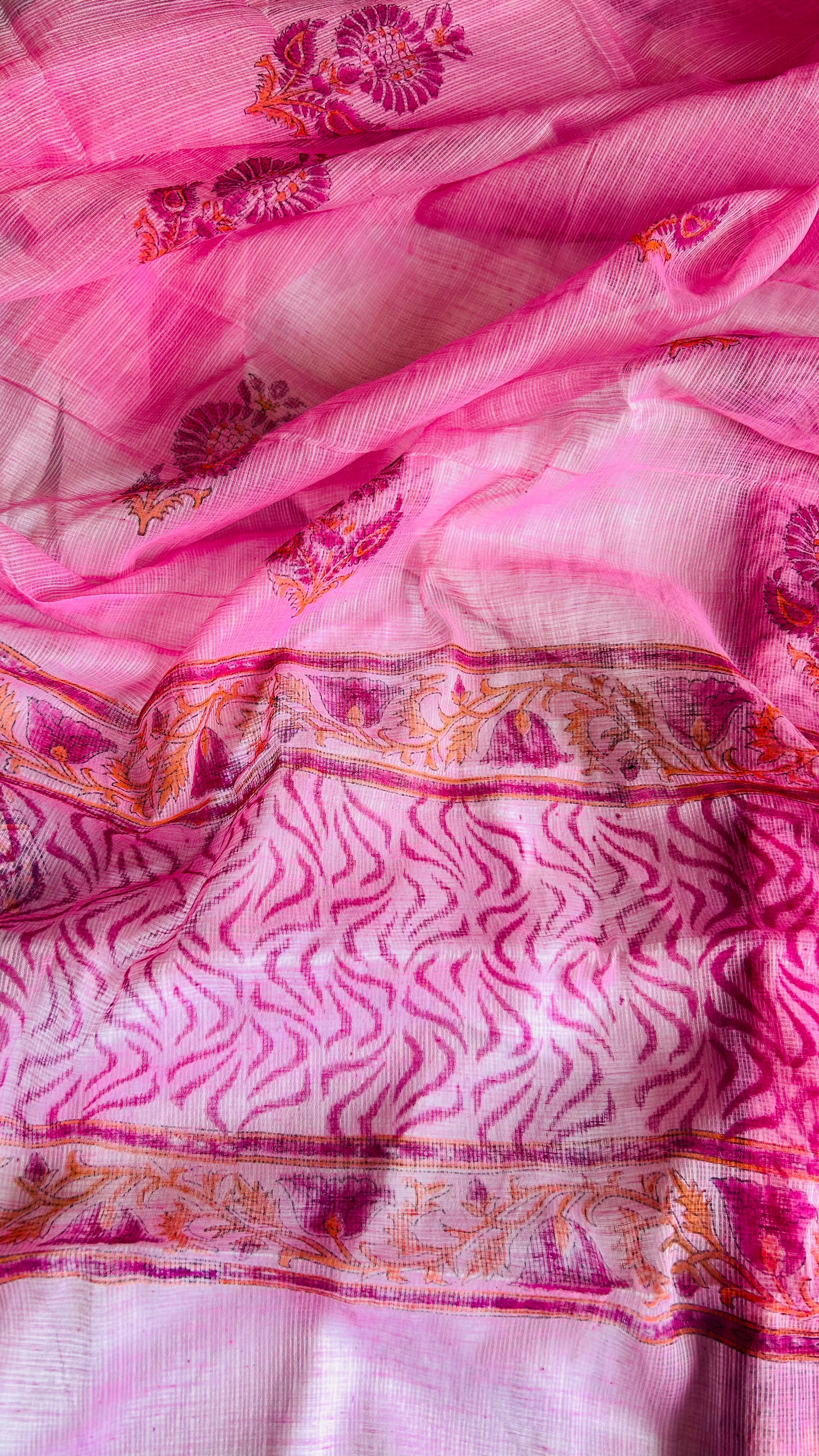 Summer Look Kota Doria Hand Block Print Suit In Pink (unstitched)