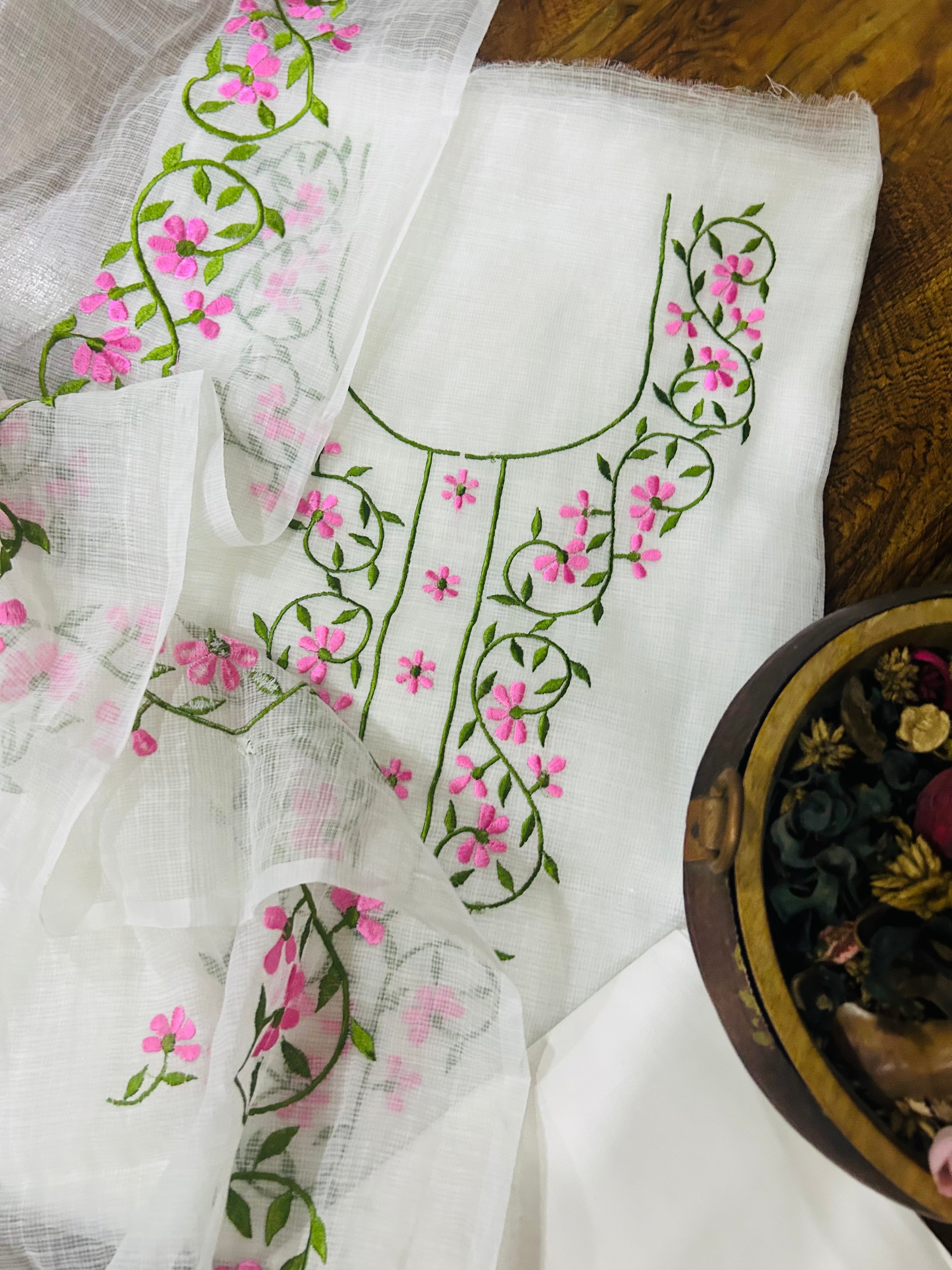 Kota Doria Embroidered Suit Set In White