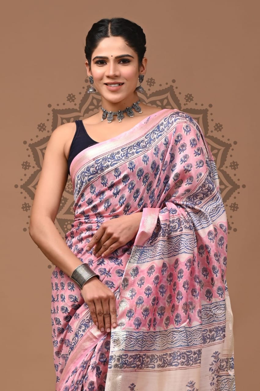 Pink Maheshwari Bagru Print Saree