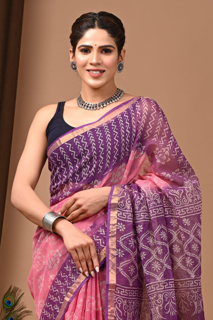 Trending Lavender Purple Kota Doria Traditional Print Saree