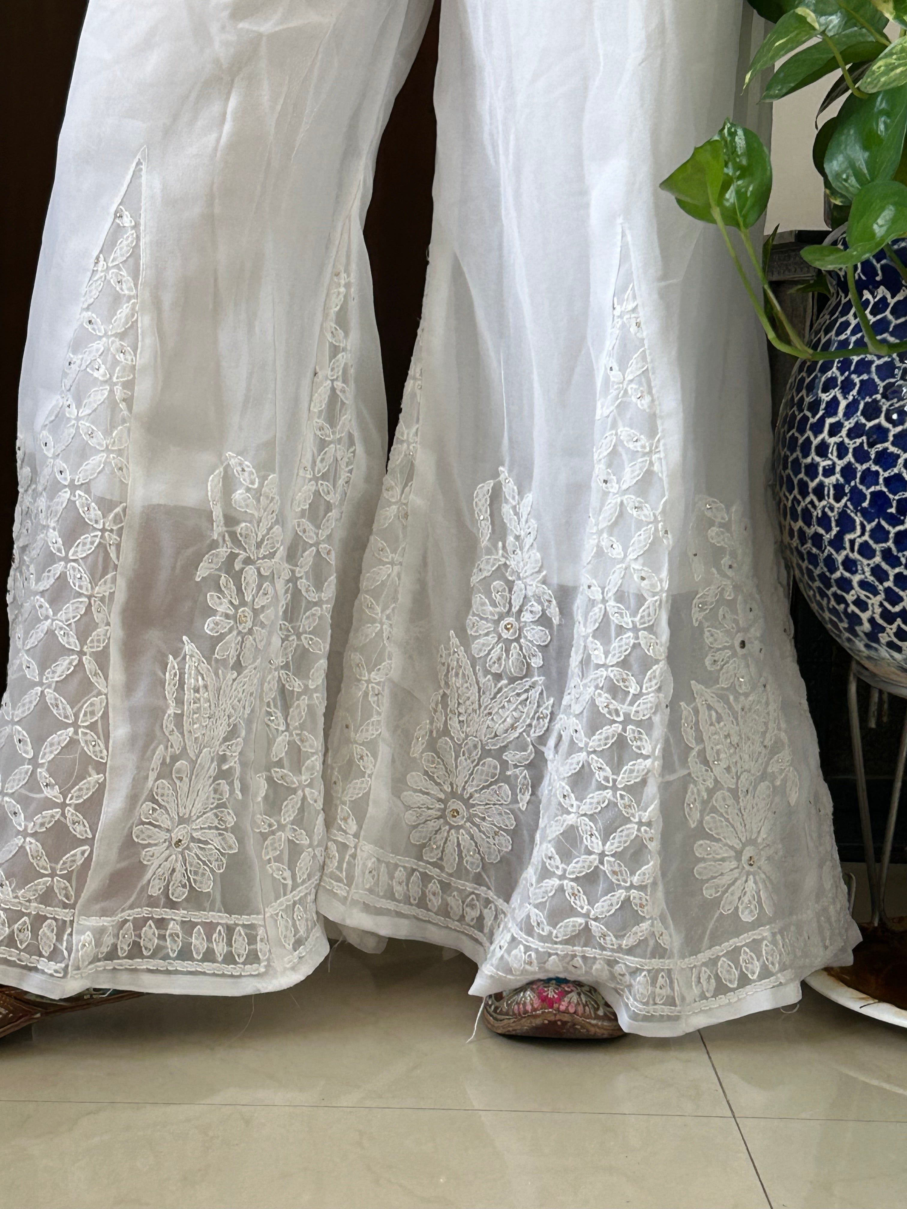 Sequence Work White Lucknowi Chikankari Sharara