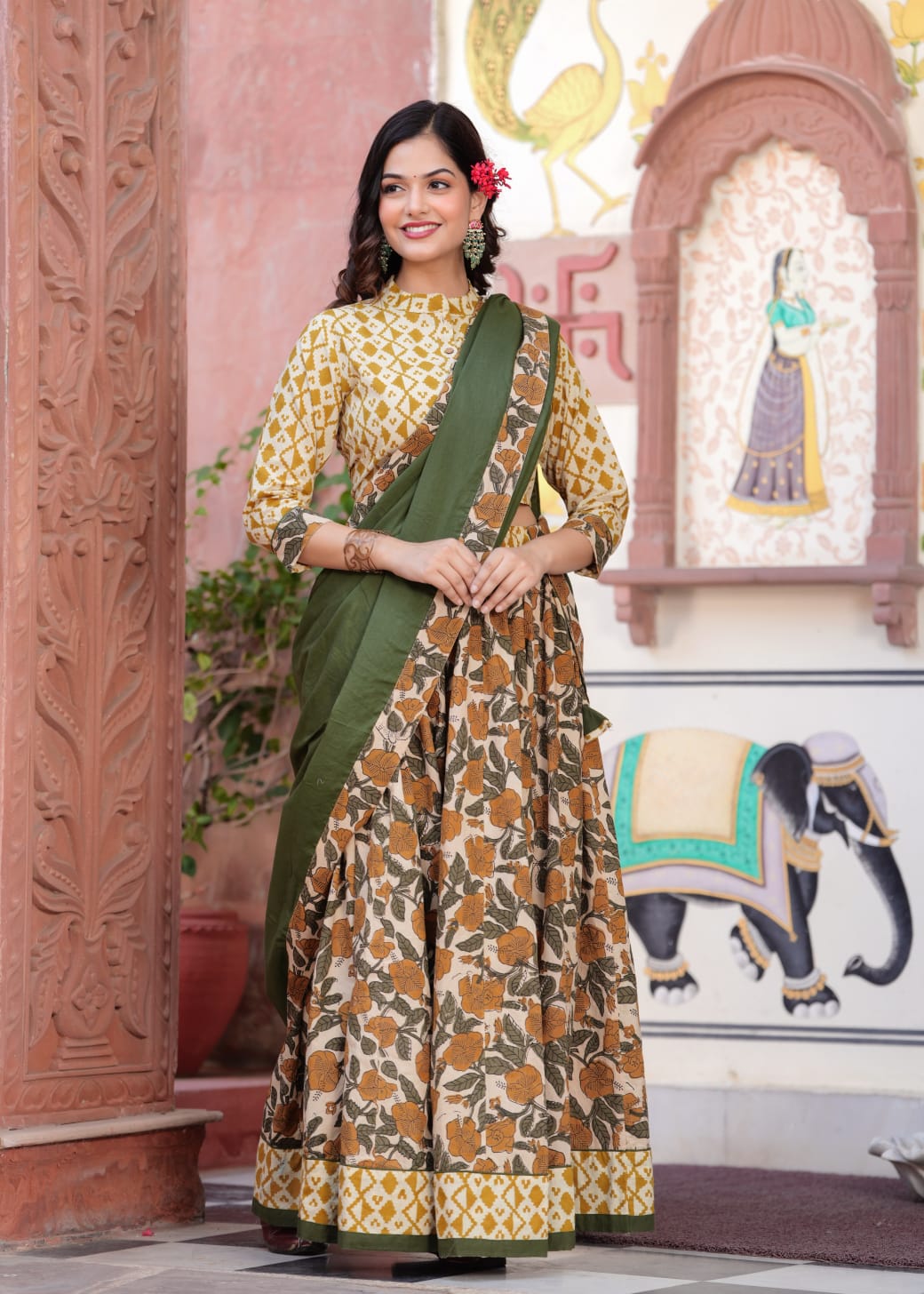 Green Block Print Flora lehenga choli Set