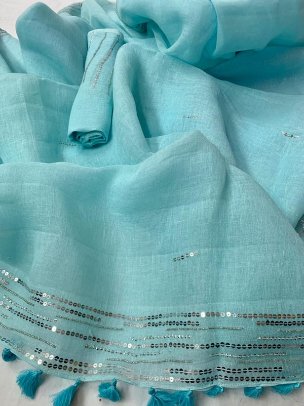 Sky Blue Pure Linen Saree With Embroidery