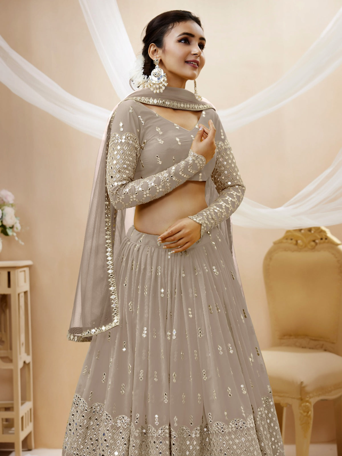 Cream silk sequins work lehenga choli 1202