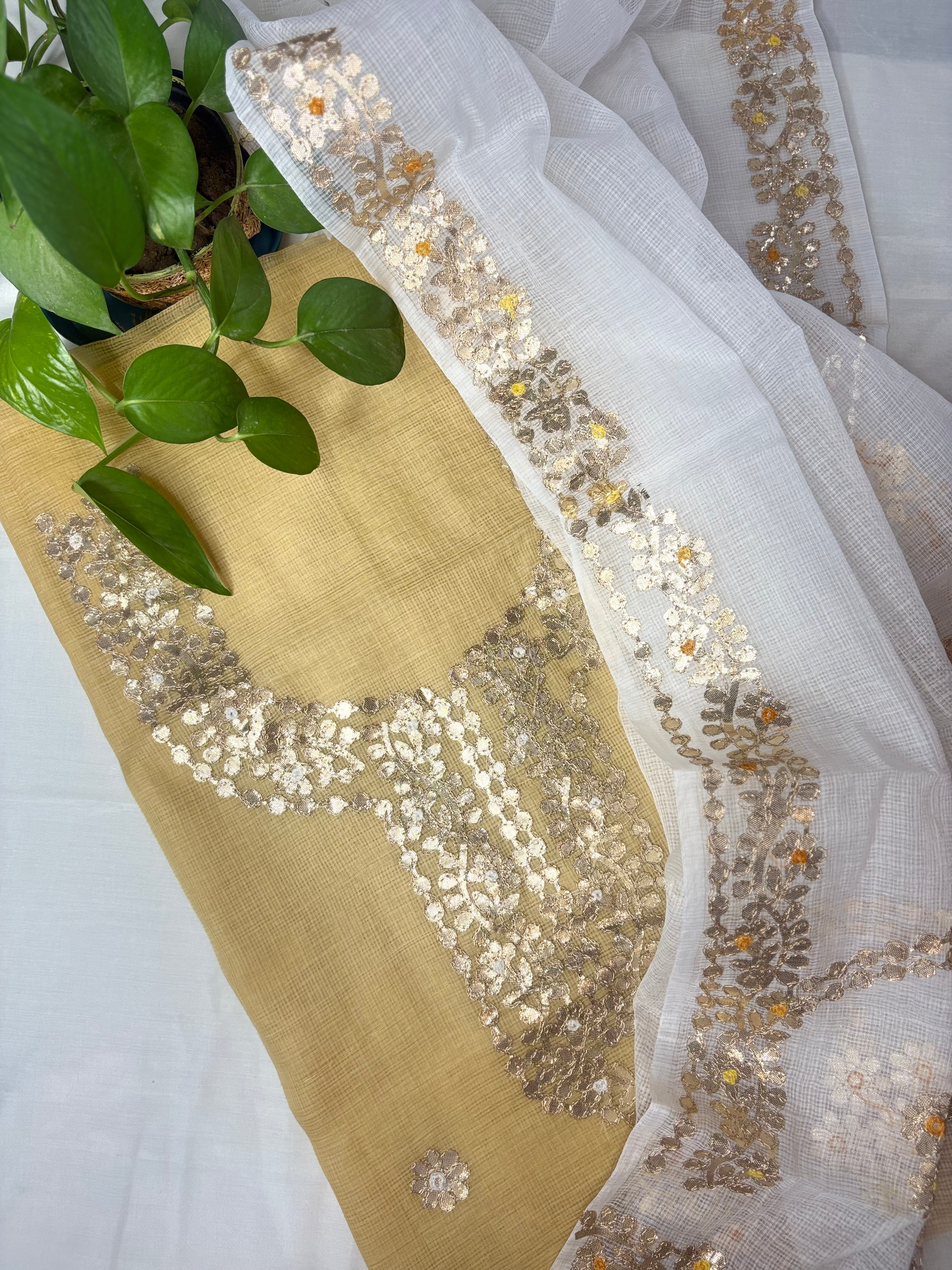 Beautiful Kota Doriya Gota Patti Work Suit In cream