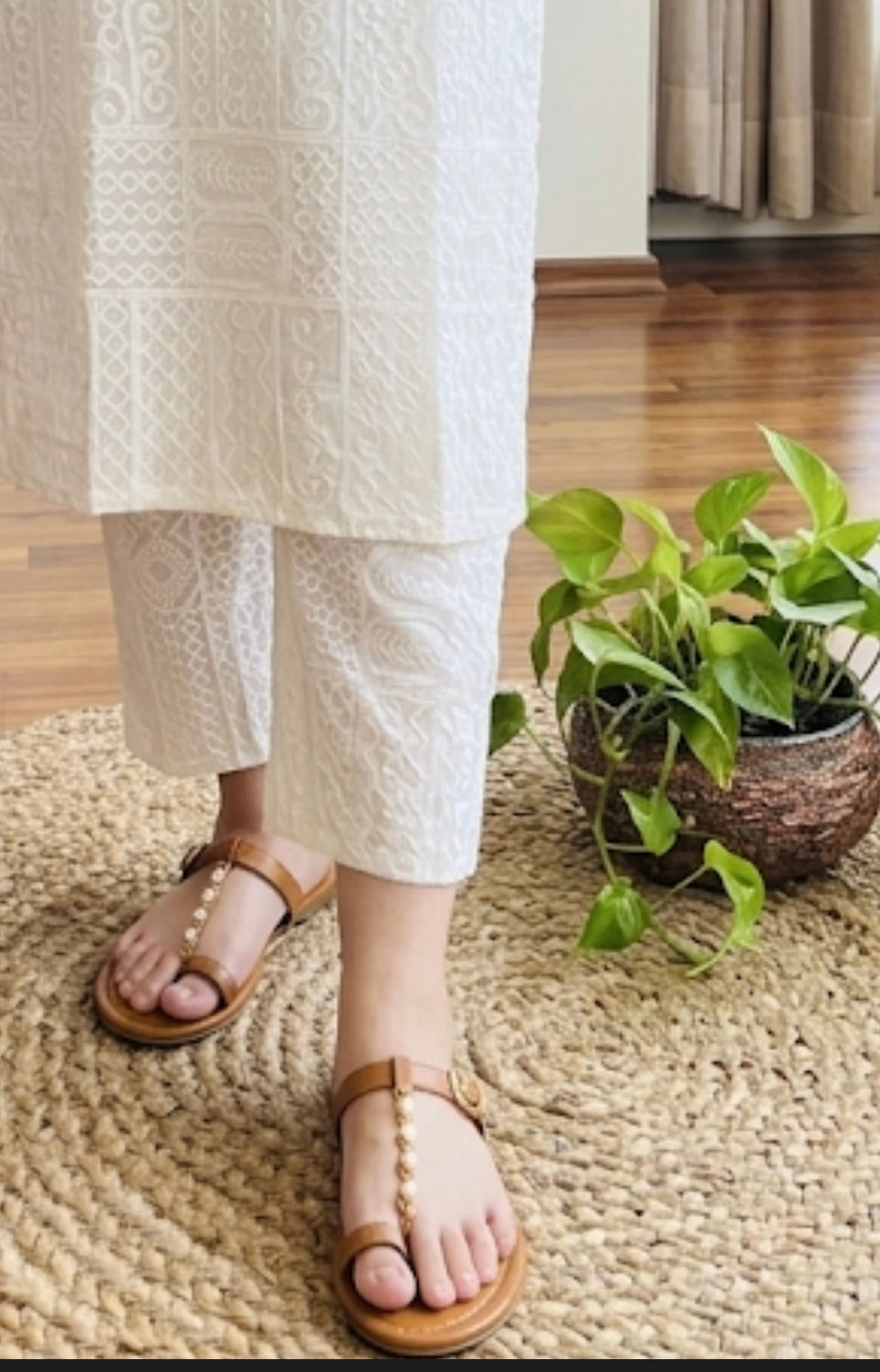 Aadhira Cream Full Embroidery Straight Pant In Cotton For Women