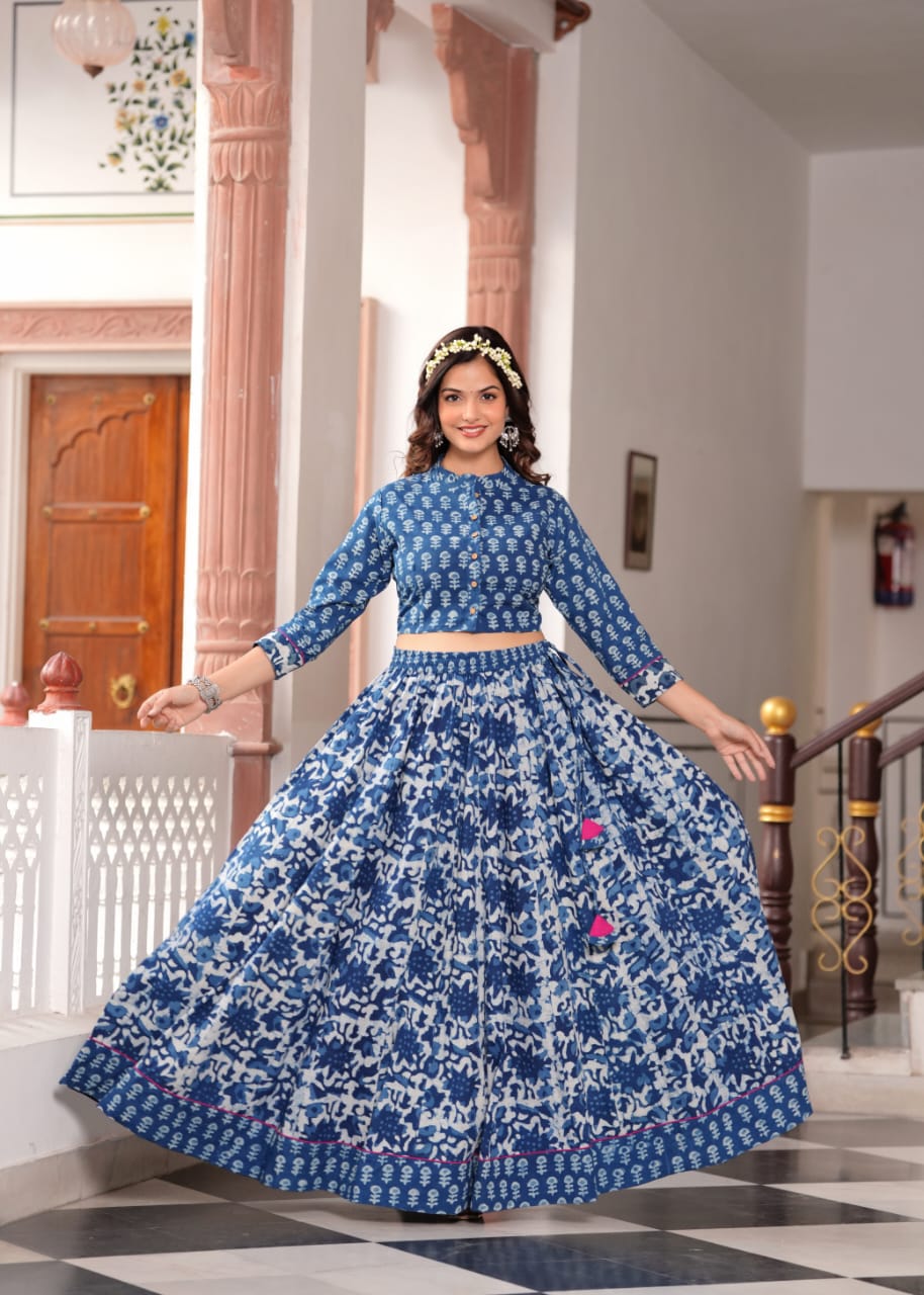 Indigo Bagru Print Flora lehenga choli Set