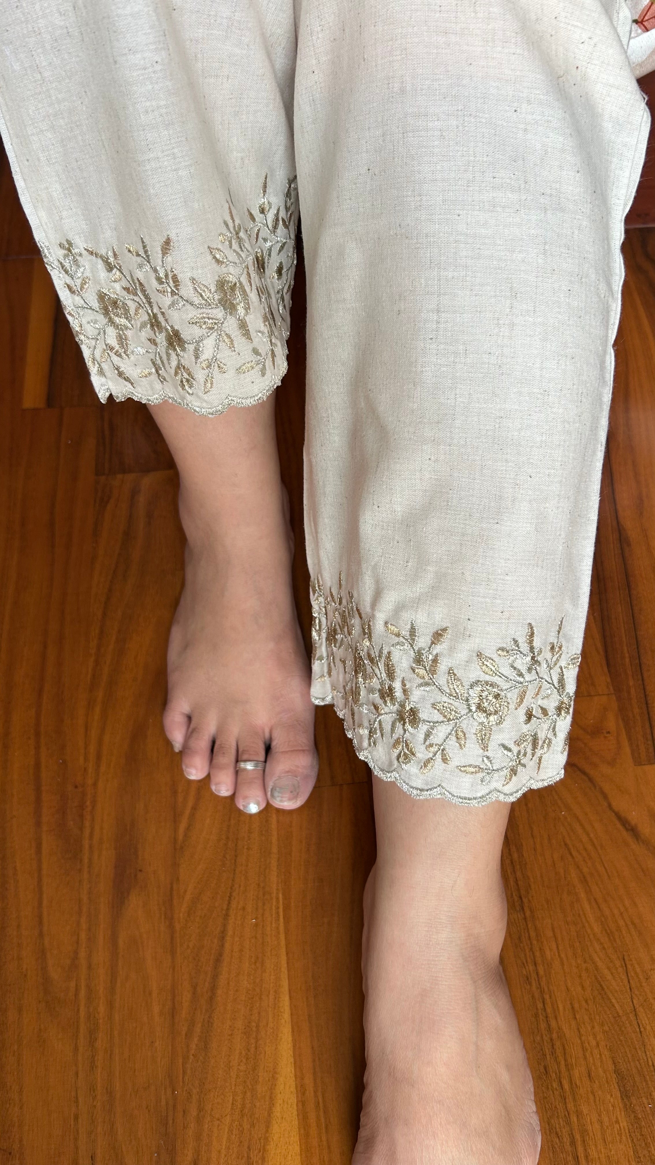 Beautiful Zardosi-Zari Embroidery Cream Straight Pant In Cotton