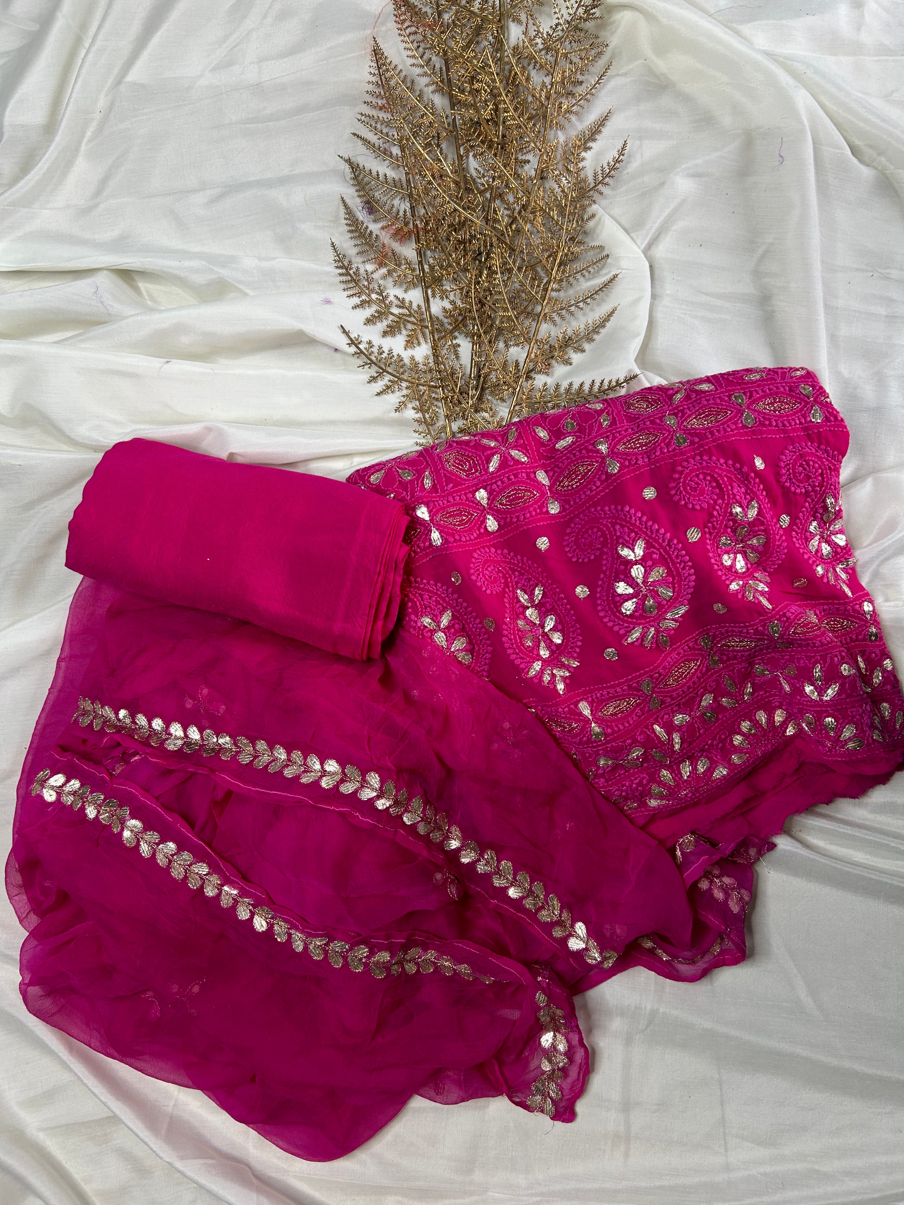 Bold Pink unique Chikankari work gota embroidery salwar kameez unstitched