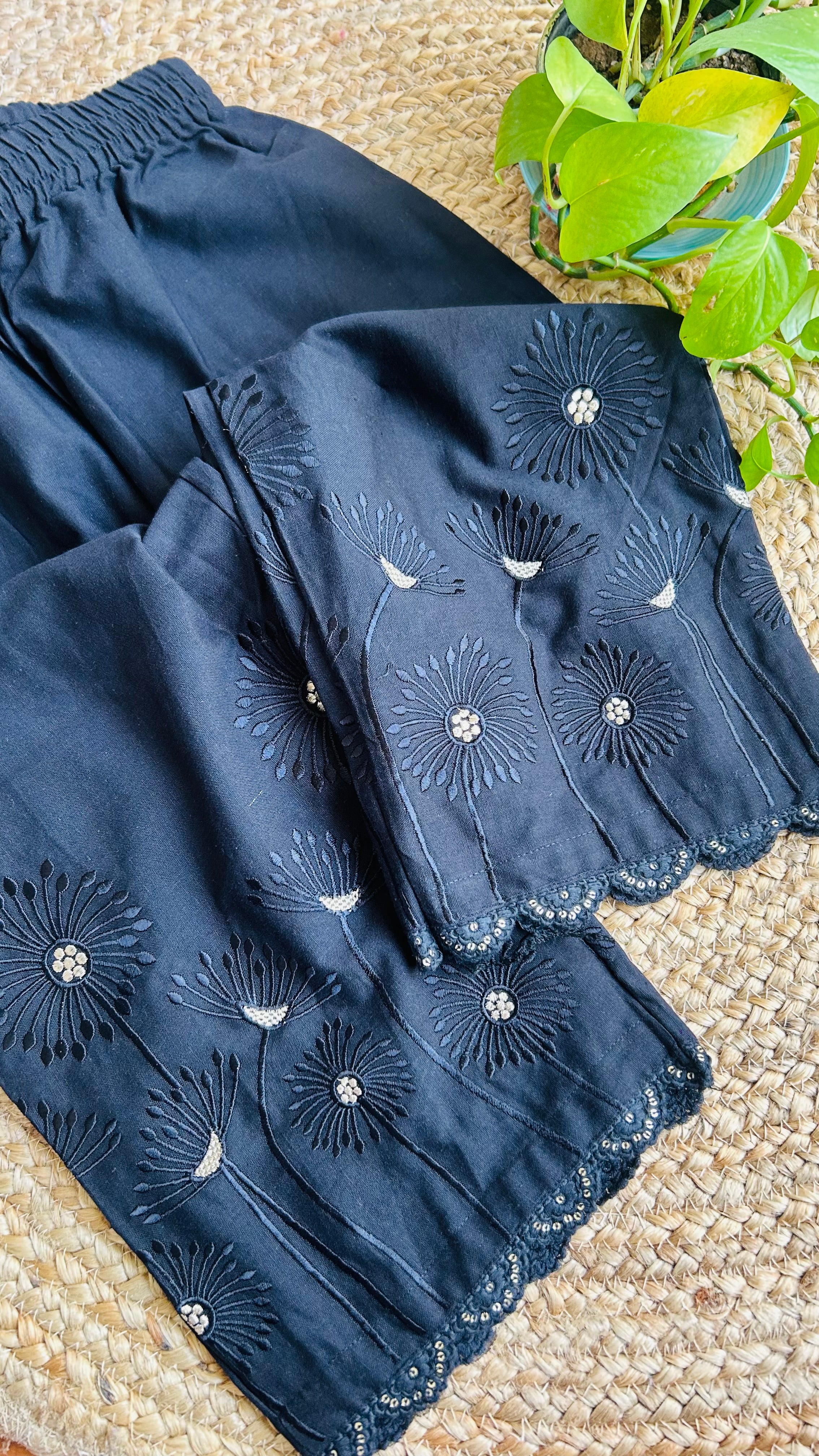 Avika Black Flower Embroidery Straight Pant In Cotton For Women