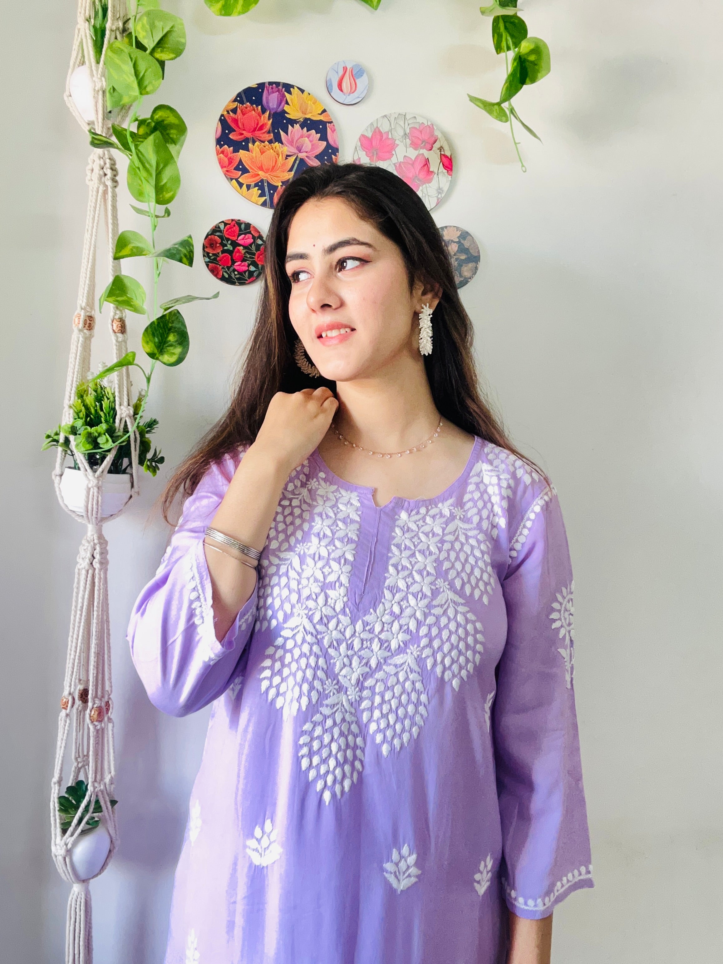 Trendy Lilac Chikankari Kurti Plazaao Set In Rayon