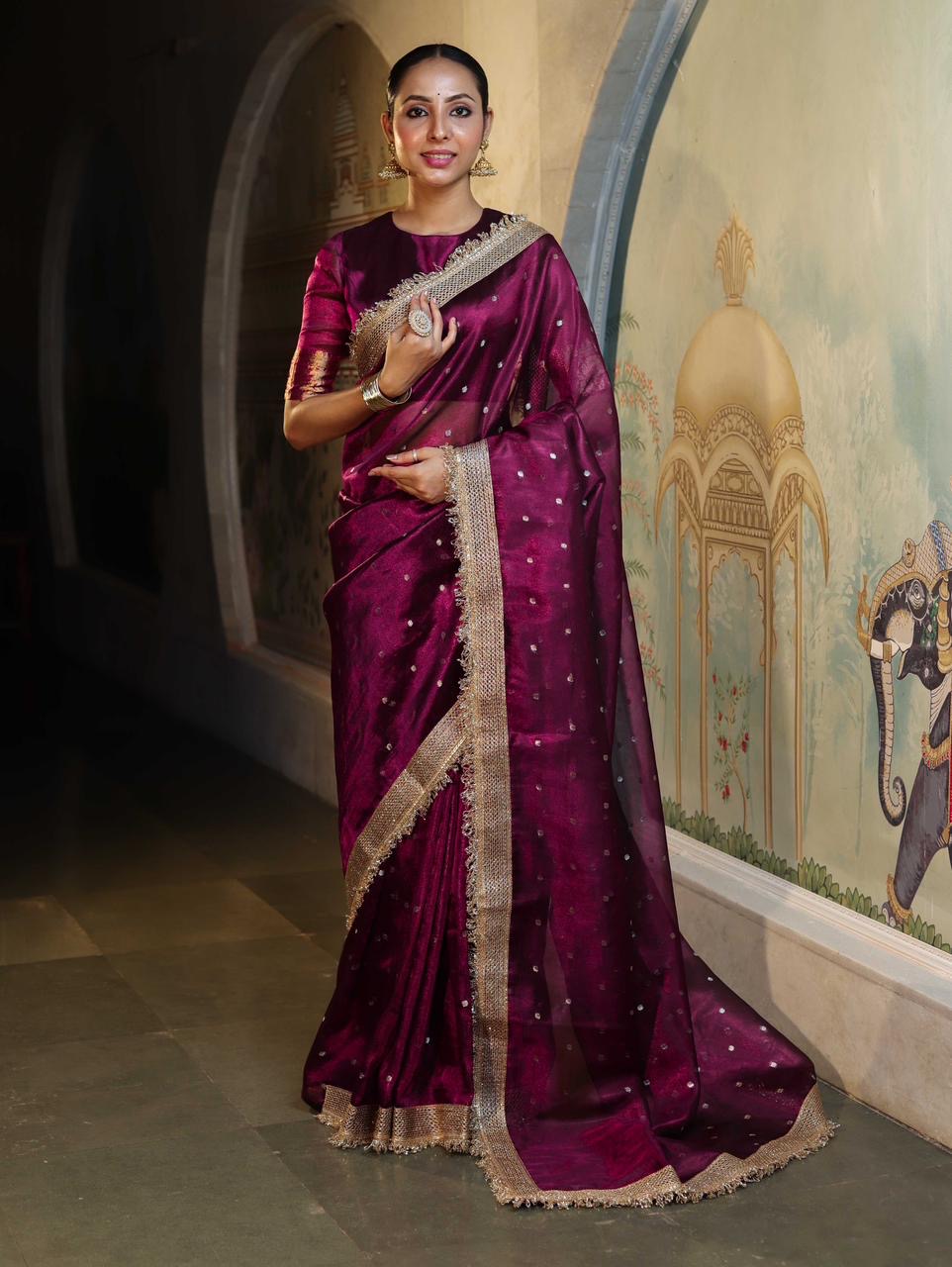Wine Color Sitara Banarasi Tissue Saree