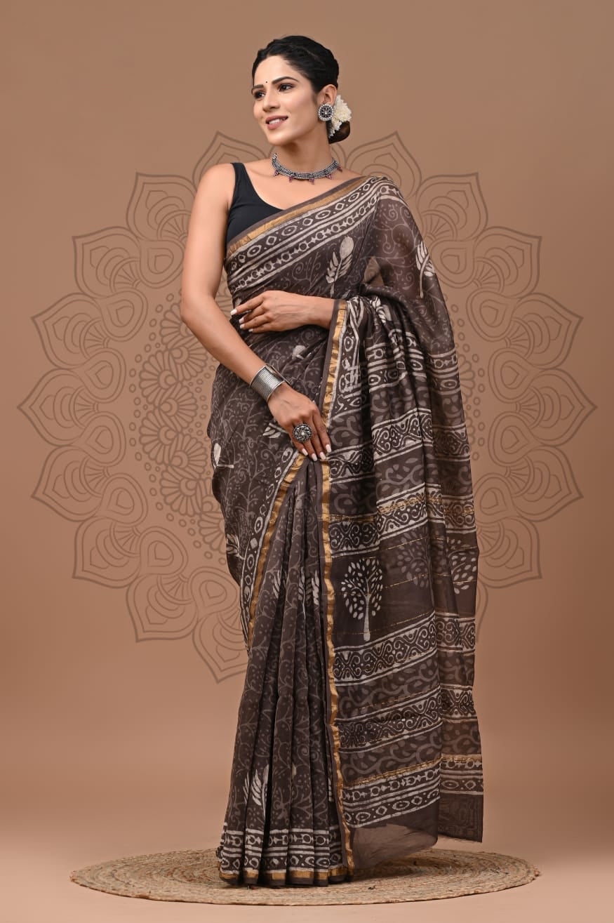 Banarasi Vastra Chanderi Silk Black Saree with Zari Woven Floral Motif