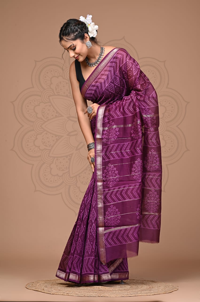 Purple Maheshwari Bagru Block Print Saree