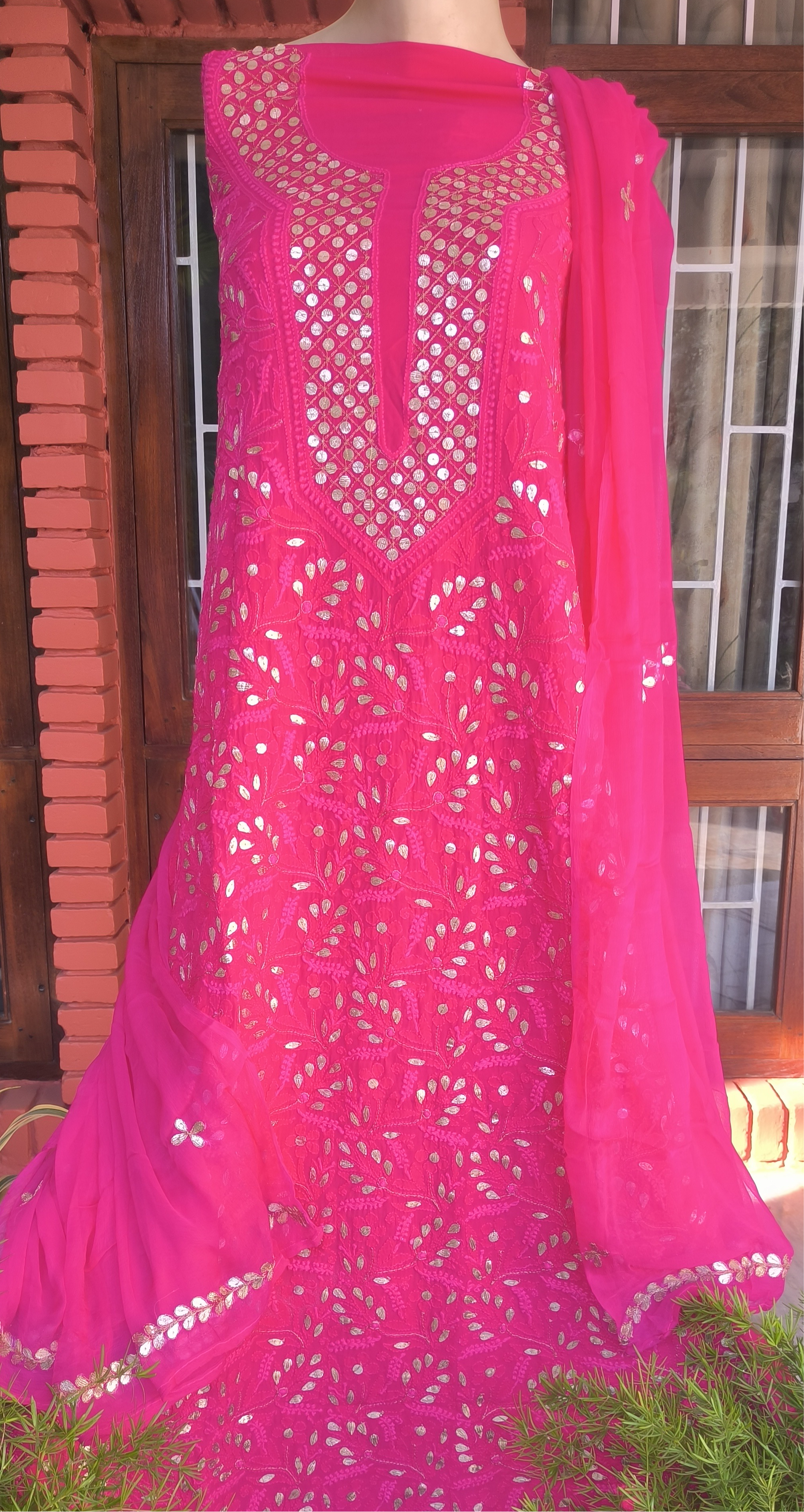 Rani pink Lucknowi Chikankari Gota Patti Salwar Suit(Dress Material)