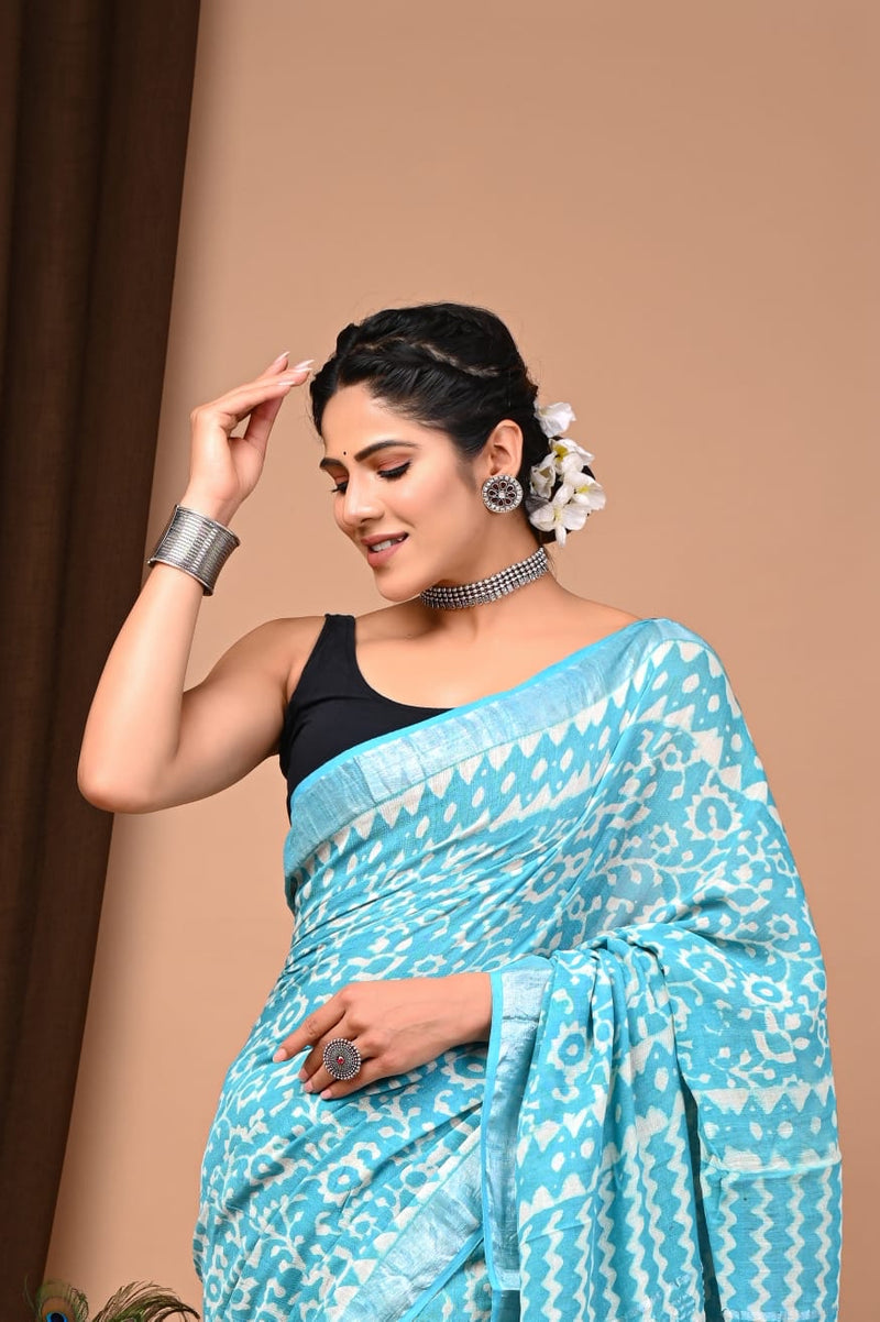 Sky Blue Pure Linen Saree