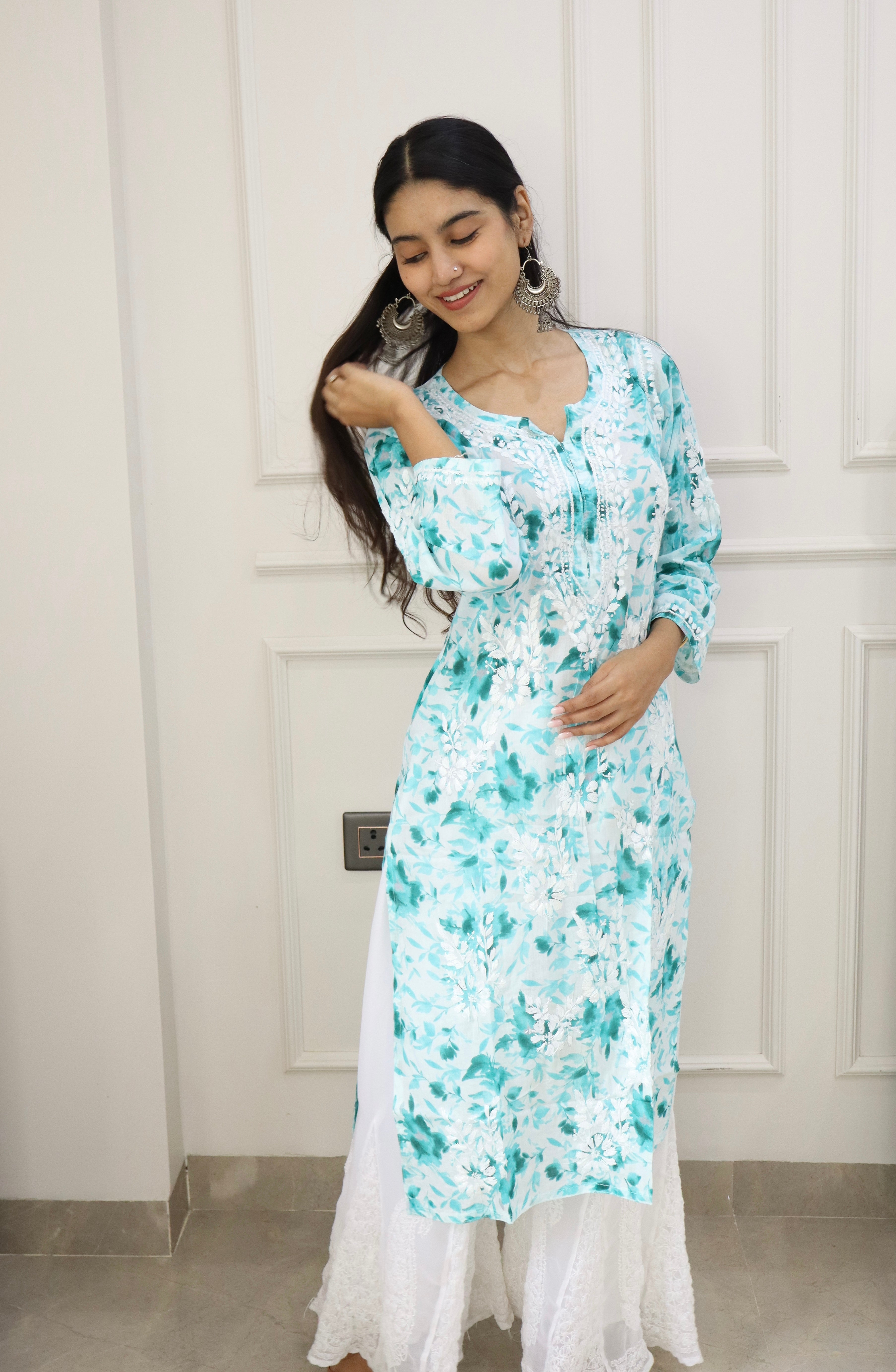 Aqua Blue Mul mul cotton chikankari kurti