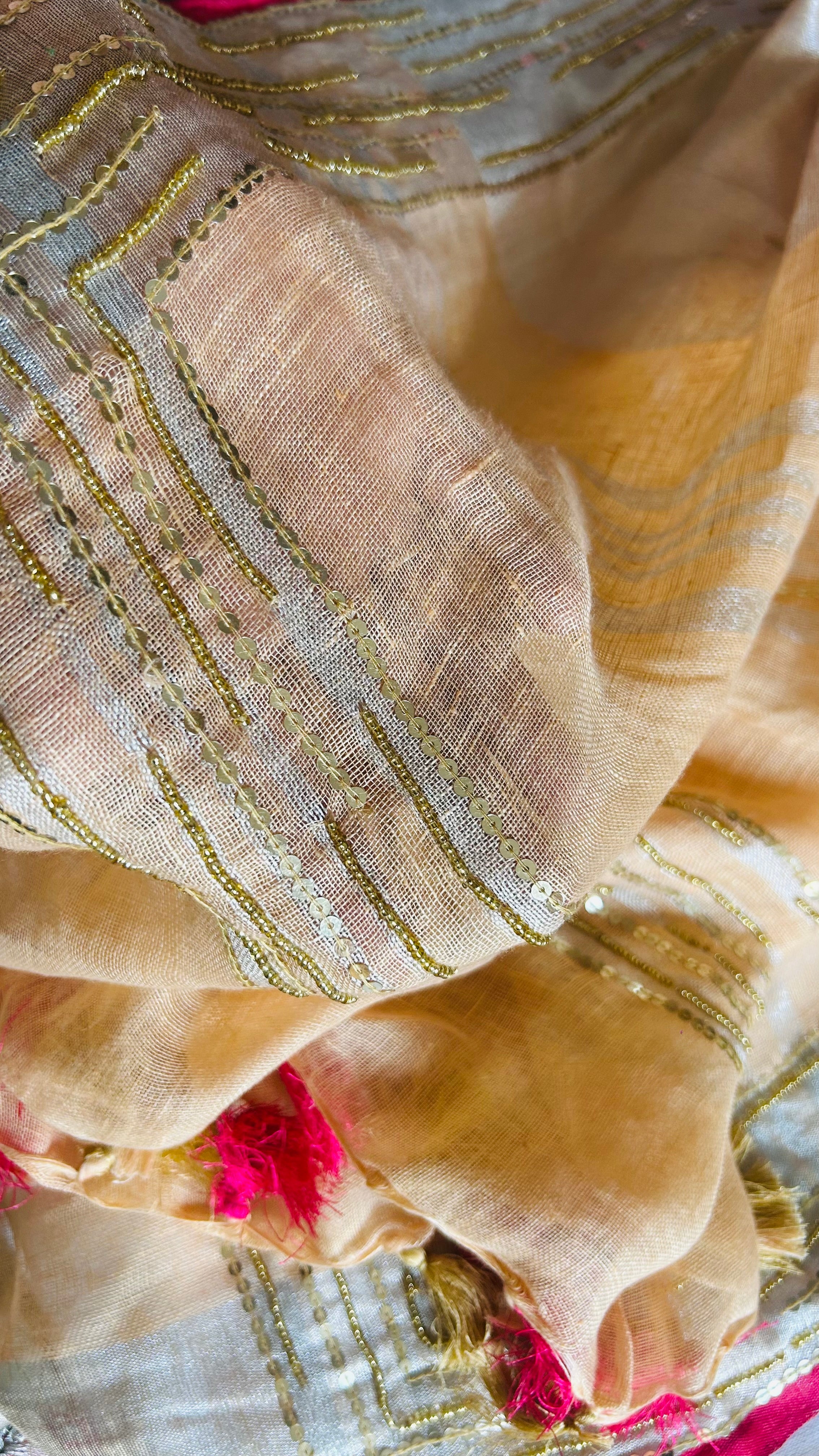 Light Peachish Orange  Linen Sequence Embroidered Saree