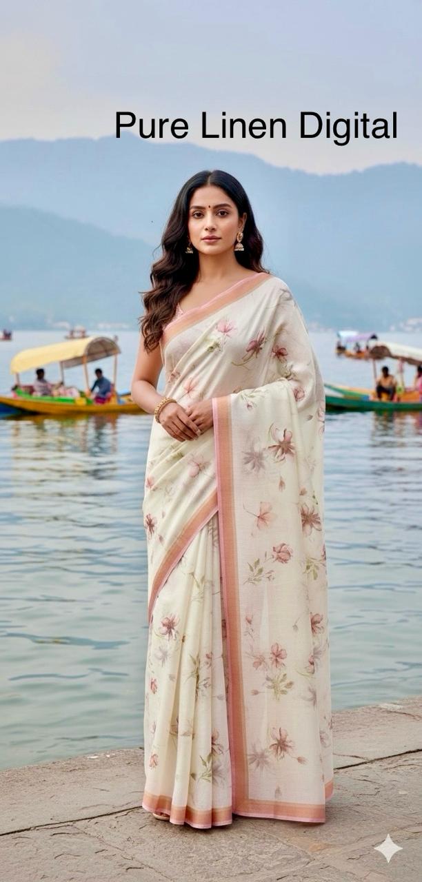 Cream Floral Pure Linen Saree