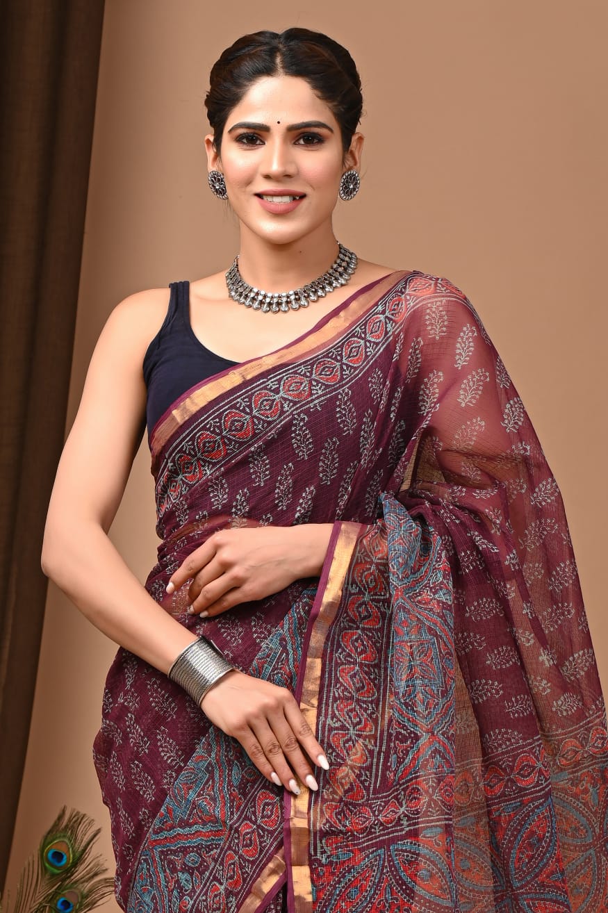 Charming Wine Traditional Kota Doria Print Saree