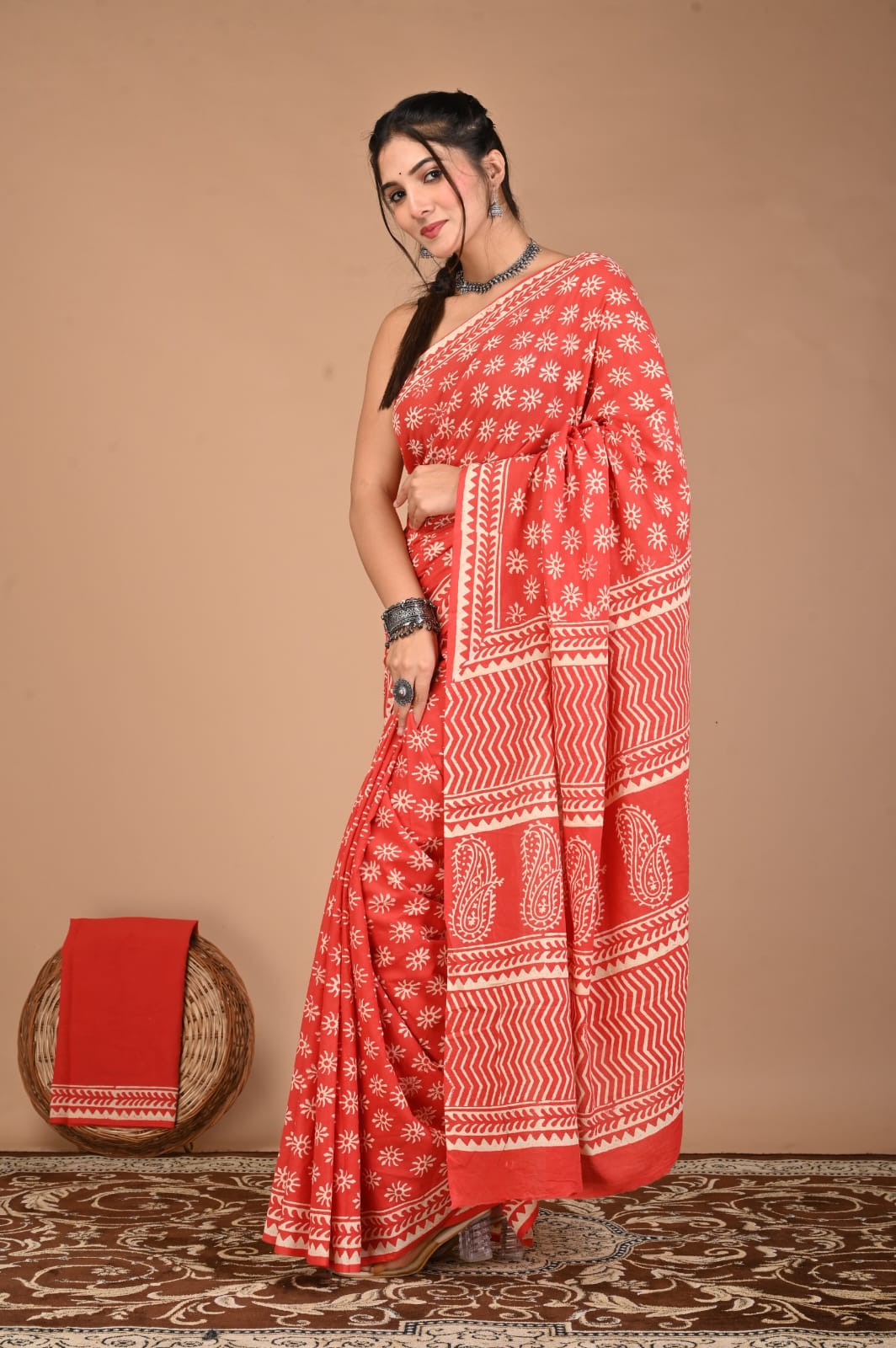 Red Traditional Hand Block Print MulMul Cotton Saree