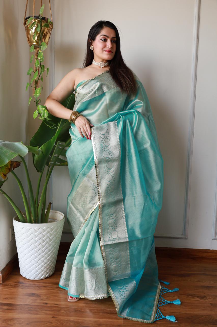 Celebrity Look Blue Tissue Saree