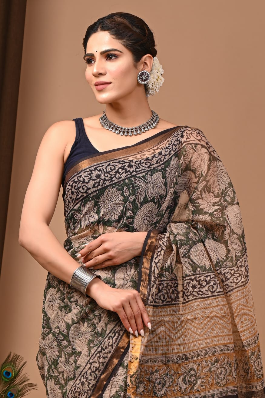 Trending Brown Black Kota Doria Traditional Print Saree