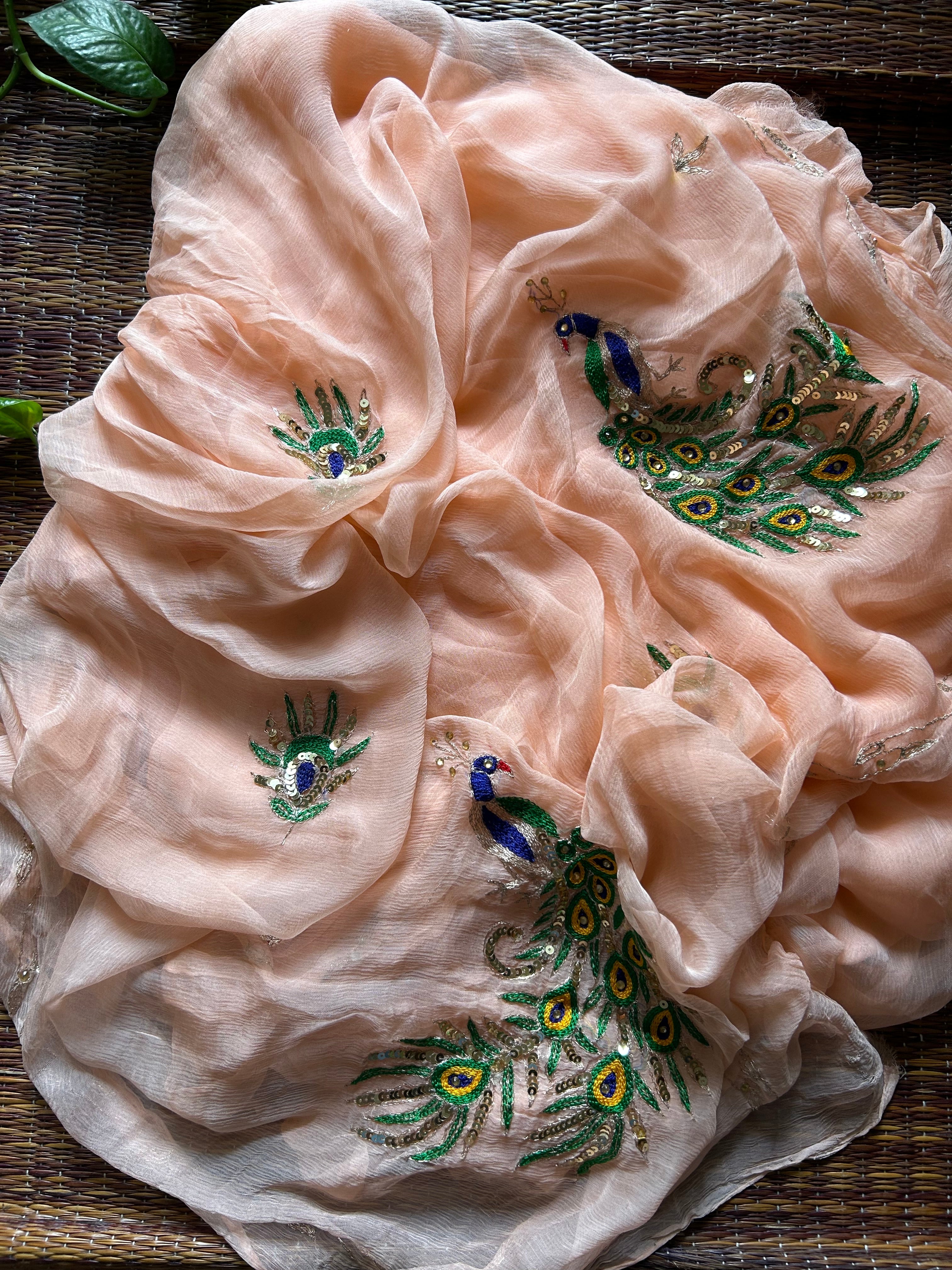 Rajputi Chiffon Handwork Sari in Peach