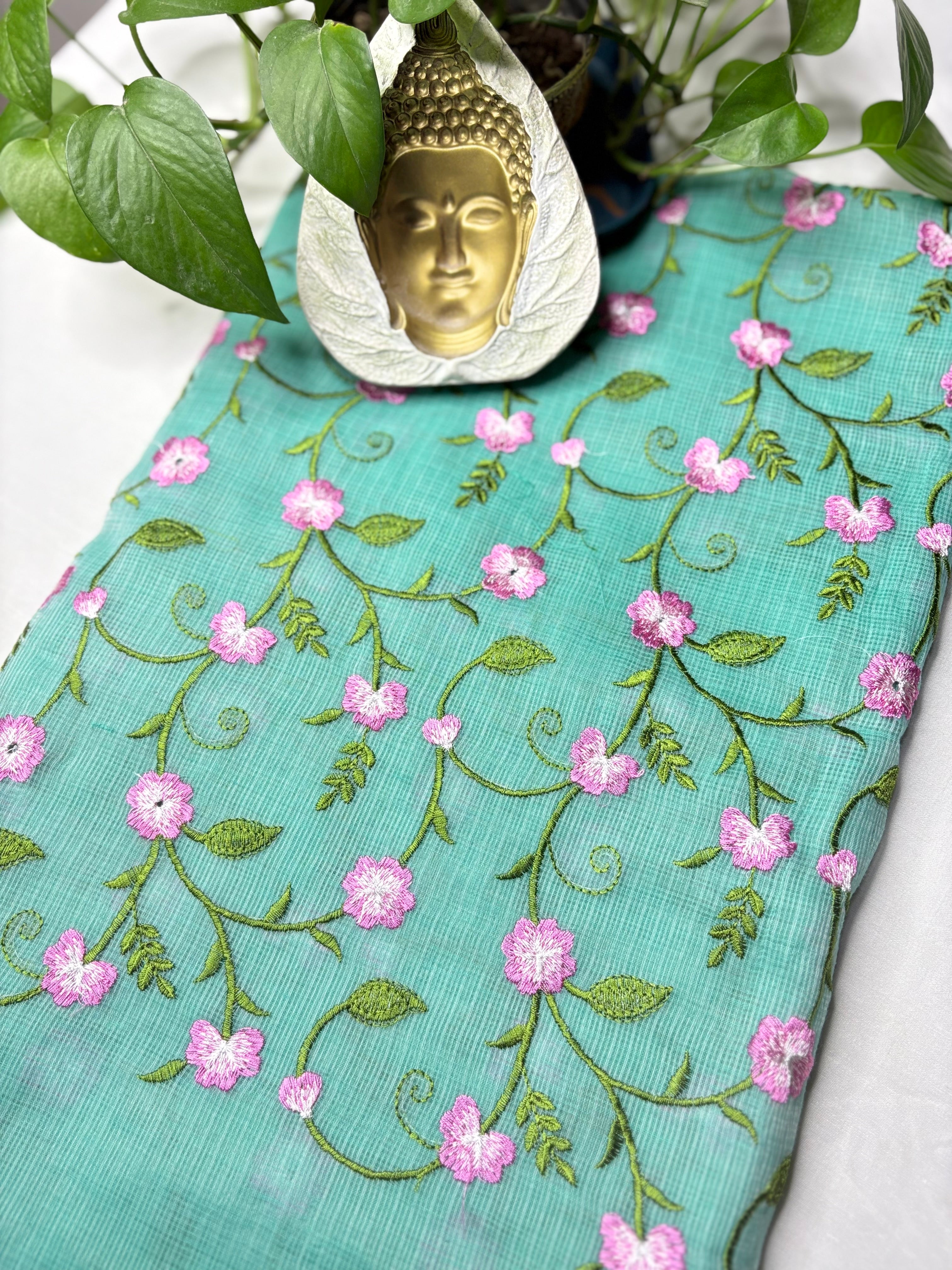 Roopsundari- Kota Doria Embroidered Suit Set In Sea Blue