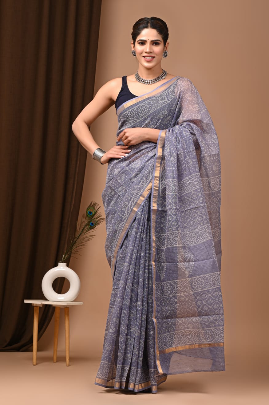 Elegant Gray Kota Doria Traditional Print Saree