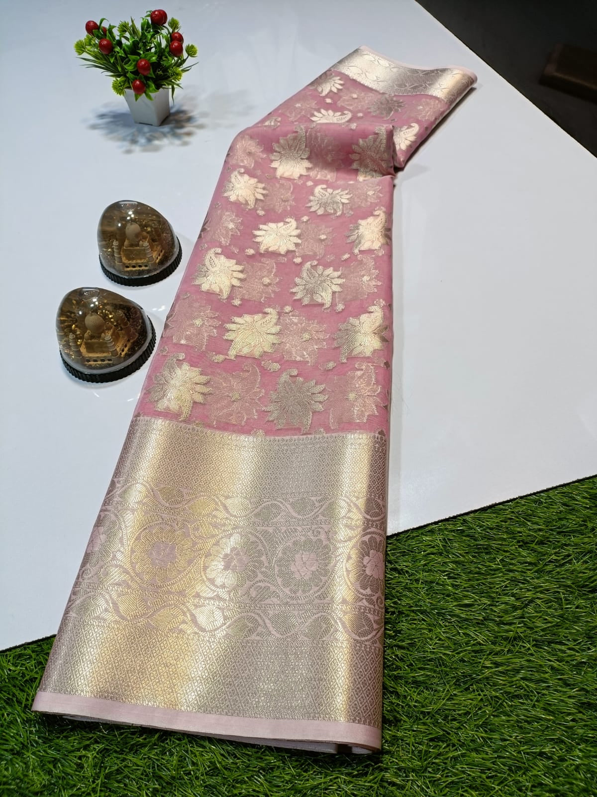 Unique Pure Pink Banarasi Semi Kora Organza Designer Saree