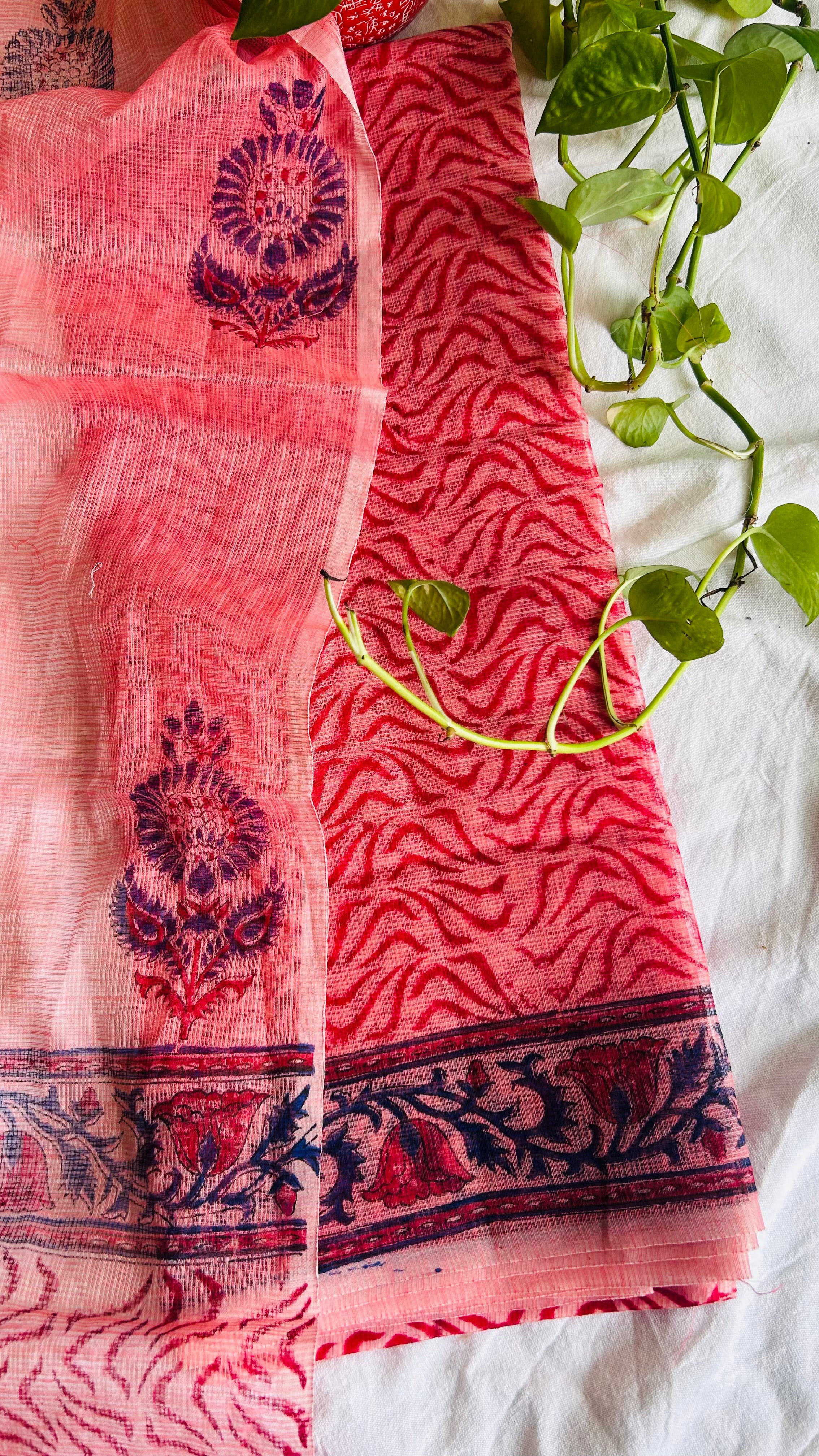 Summer Look Kota Doria Hand Block Print Suit In Peach (unstitched)