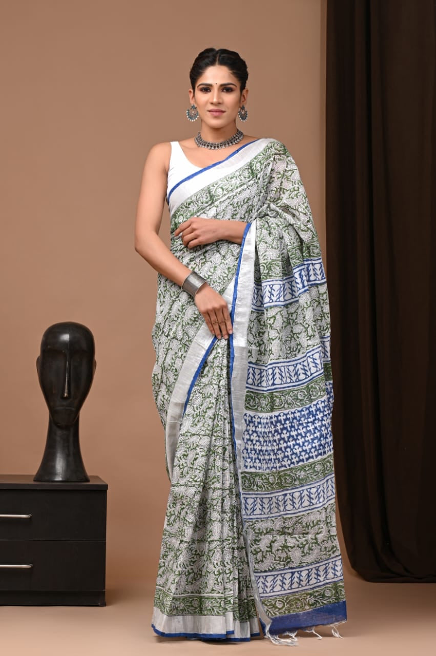 Green Nayantara Style Linen Saree