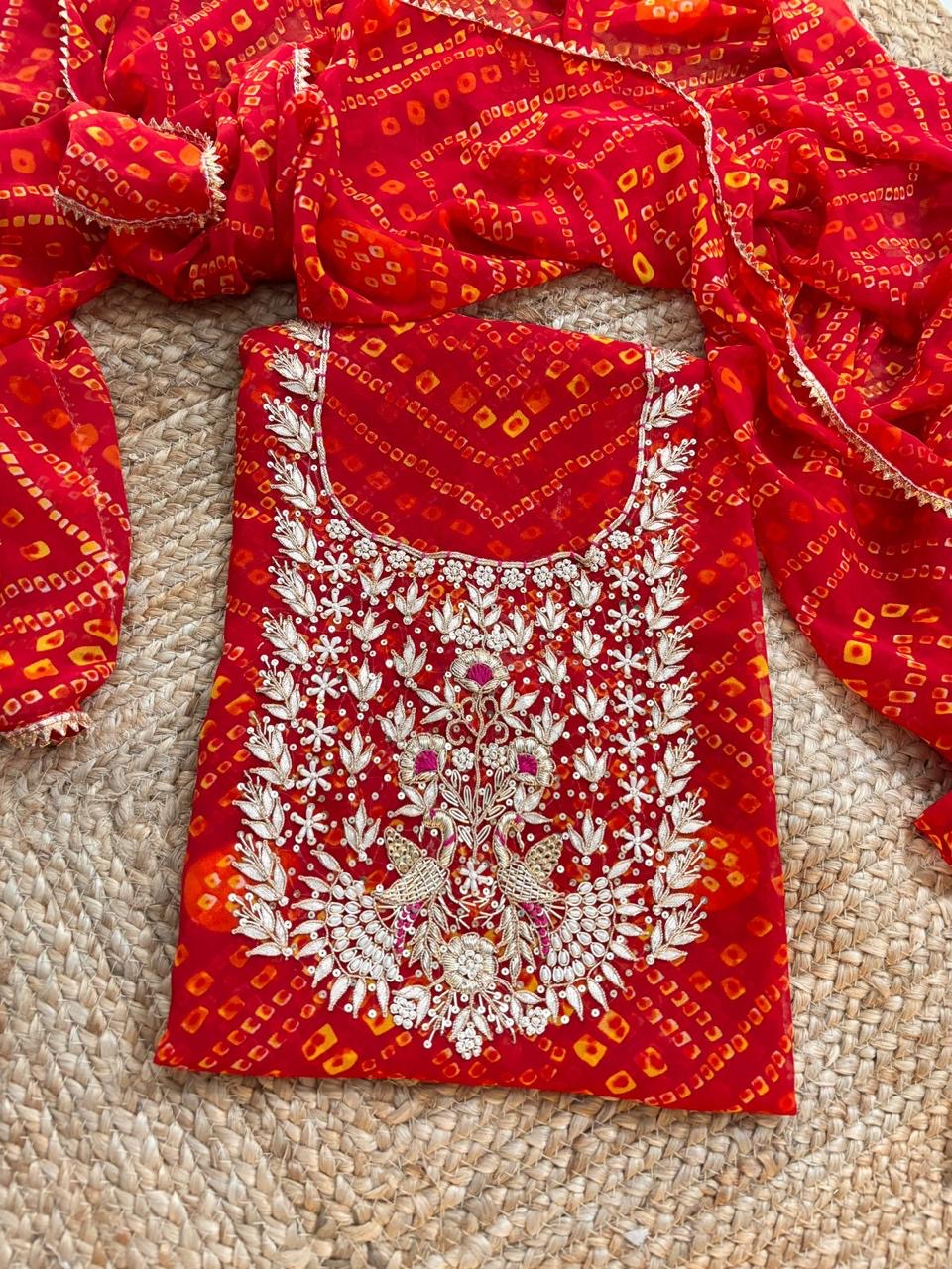 Red Bandhej Gota Patti Suit