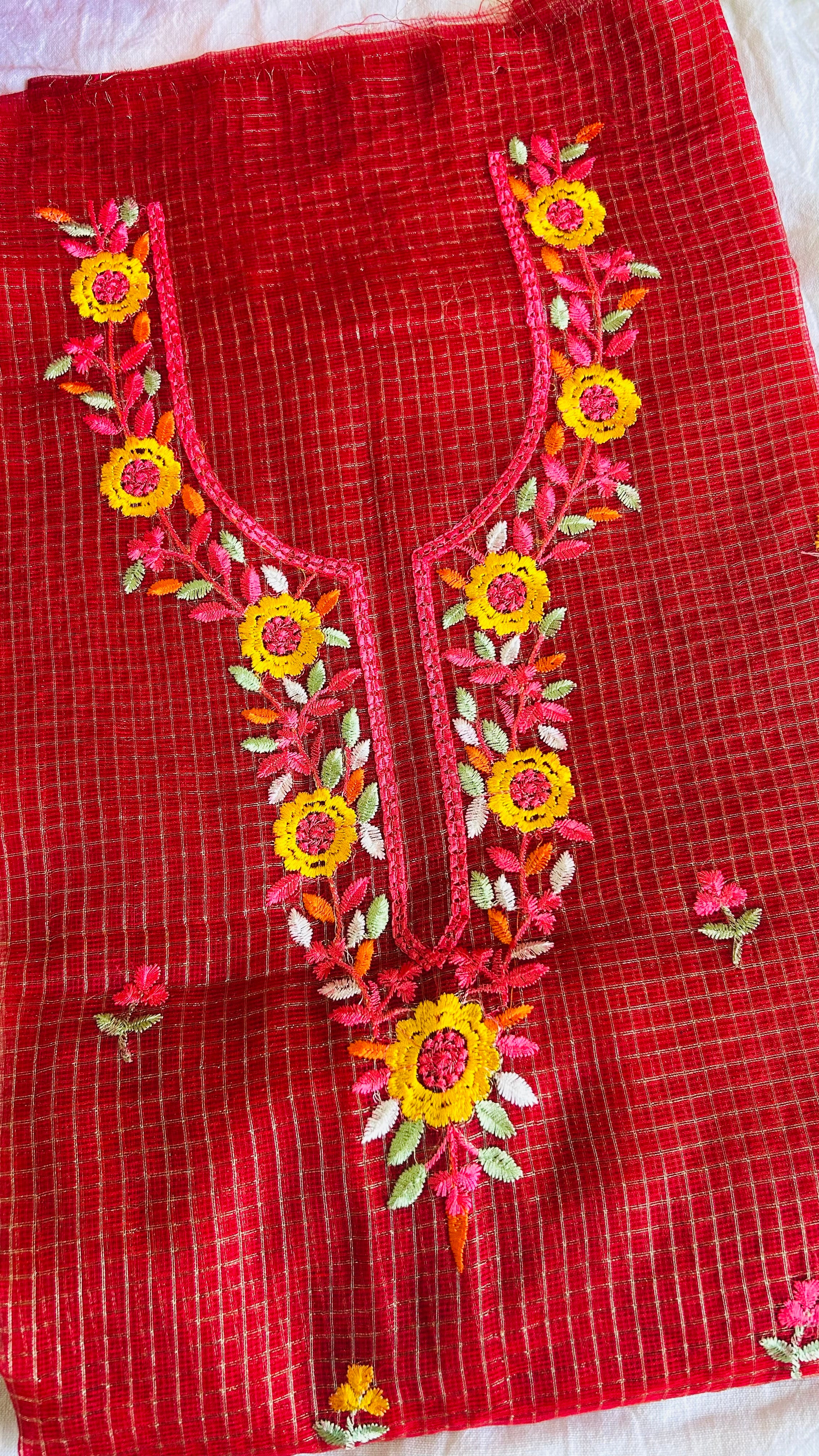 Kota Doria Embroidered Suit Set In Red (unstitched)