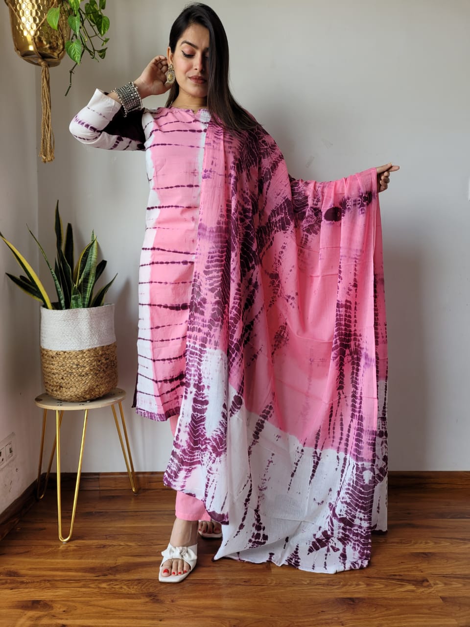 Pink Block Print Suit Set With Dupatta