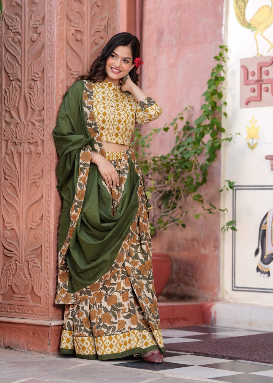 Green Block Print Flora lehenga choli Set