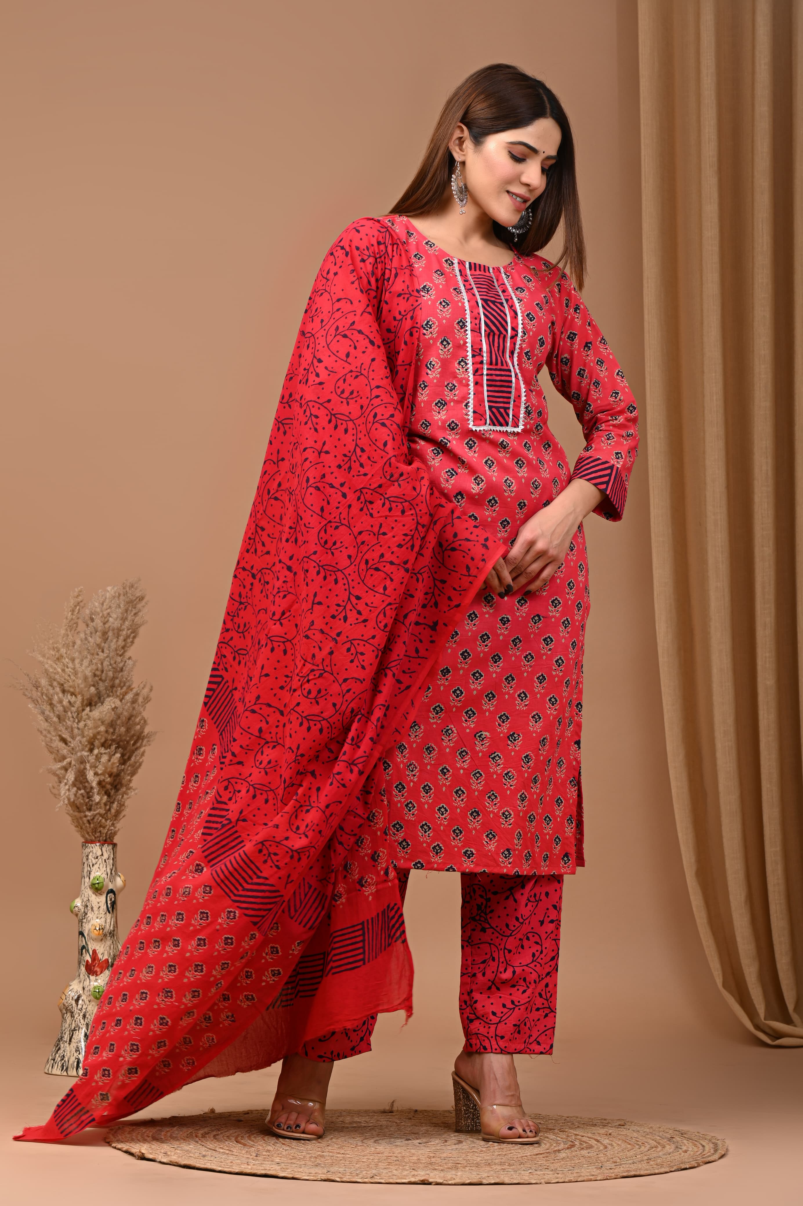 Red Block Print Suit Set With Dupatta