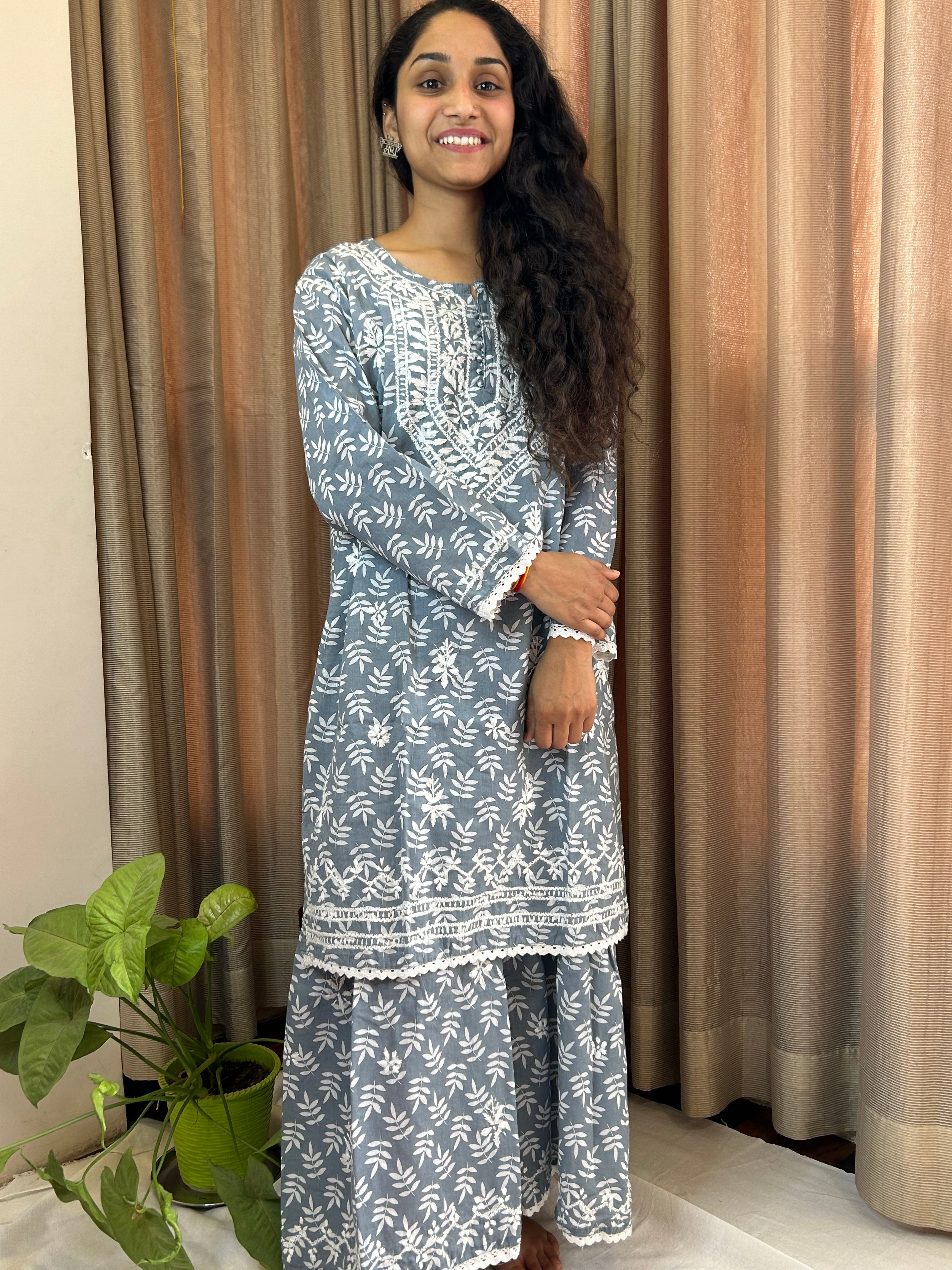Grey Floral Lucknowi Cotton Chikankari Sharara Set