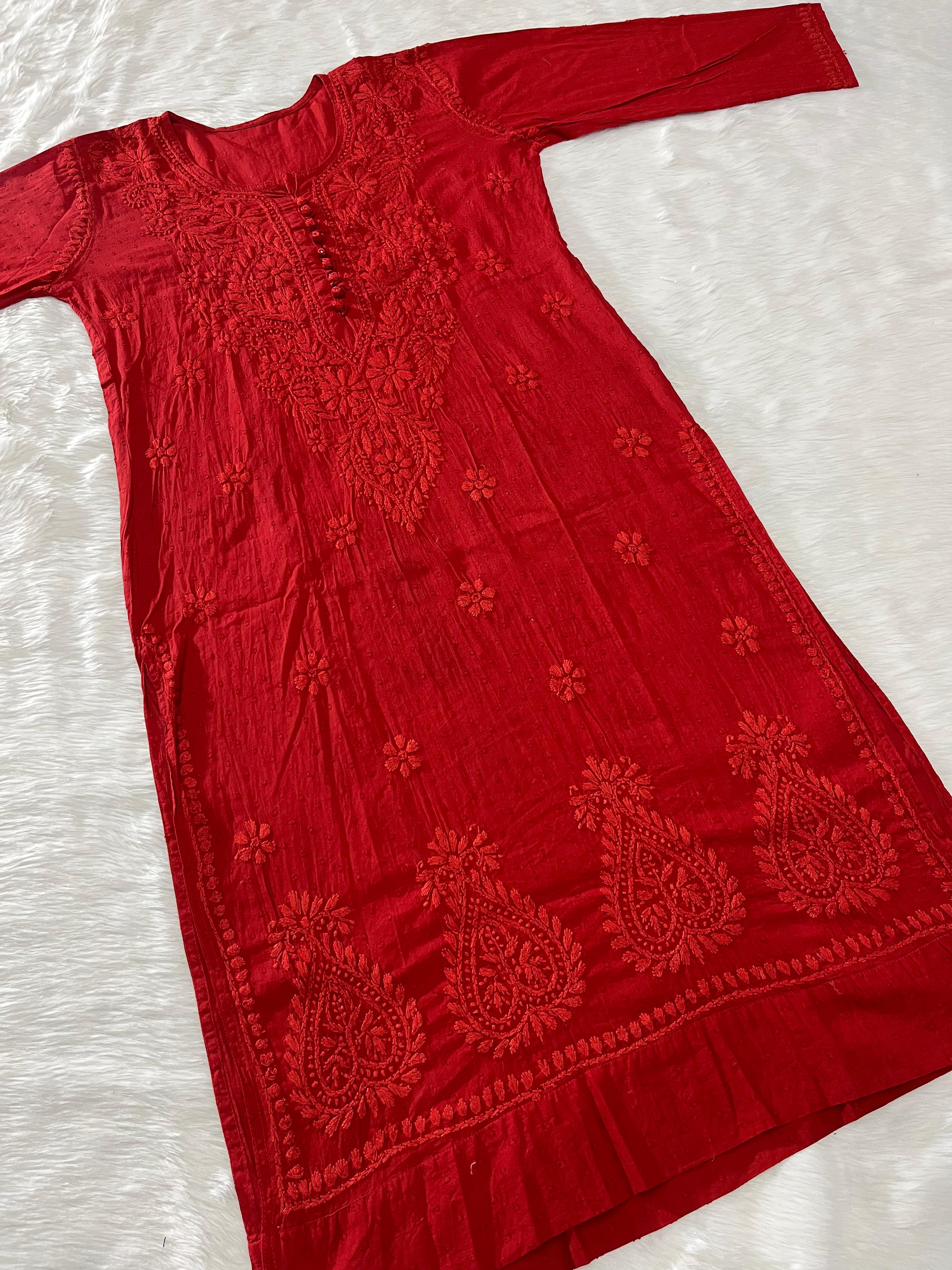 Red Chikankari cotton Kurti With Pant