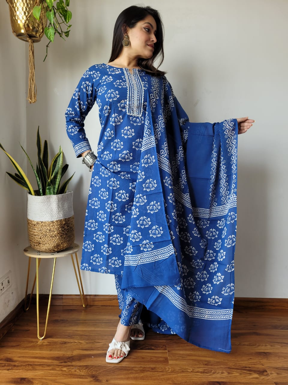 Blue Block Print Suit Set And Dupatta